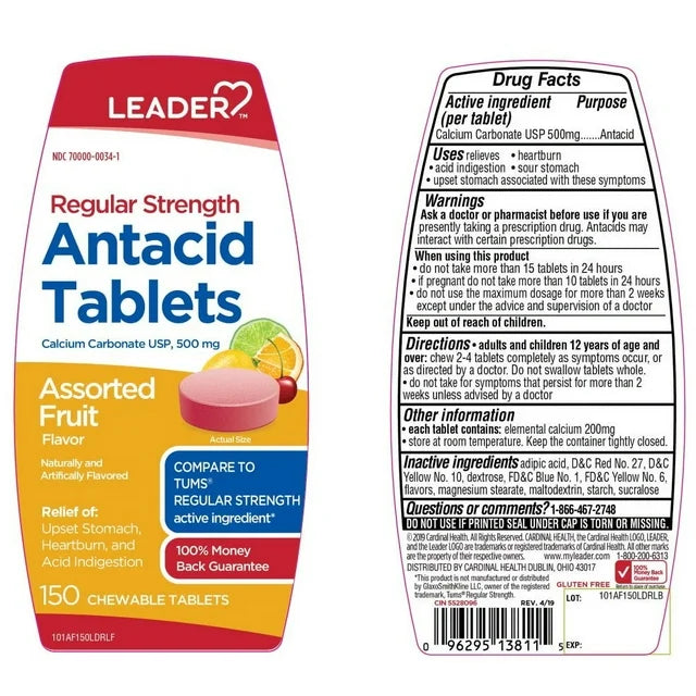 Leader Regular Strength Antacid Tablets, Assorted Fruit - 150 Count