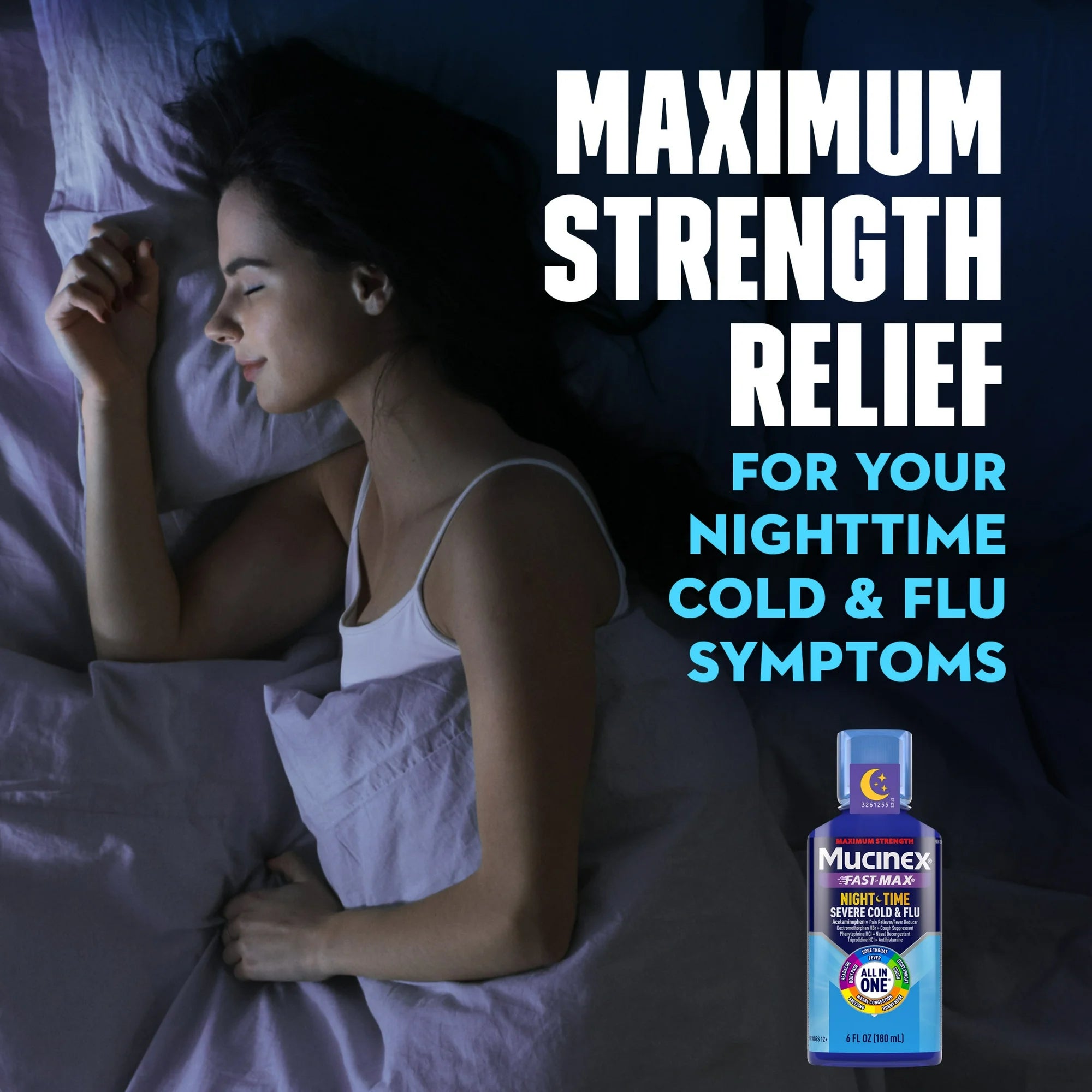 Mucinex Nightshift Severe Cold and Flu Liquid Medicine, OTC Nighttime Cough Relief, Expectorant, 6 fl oz