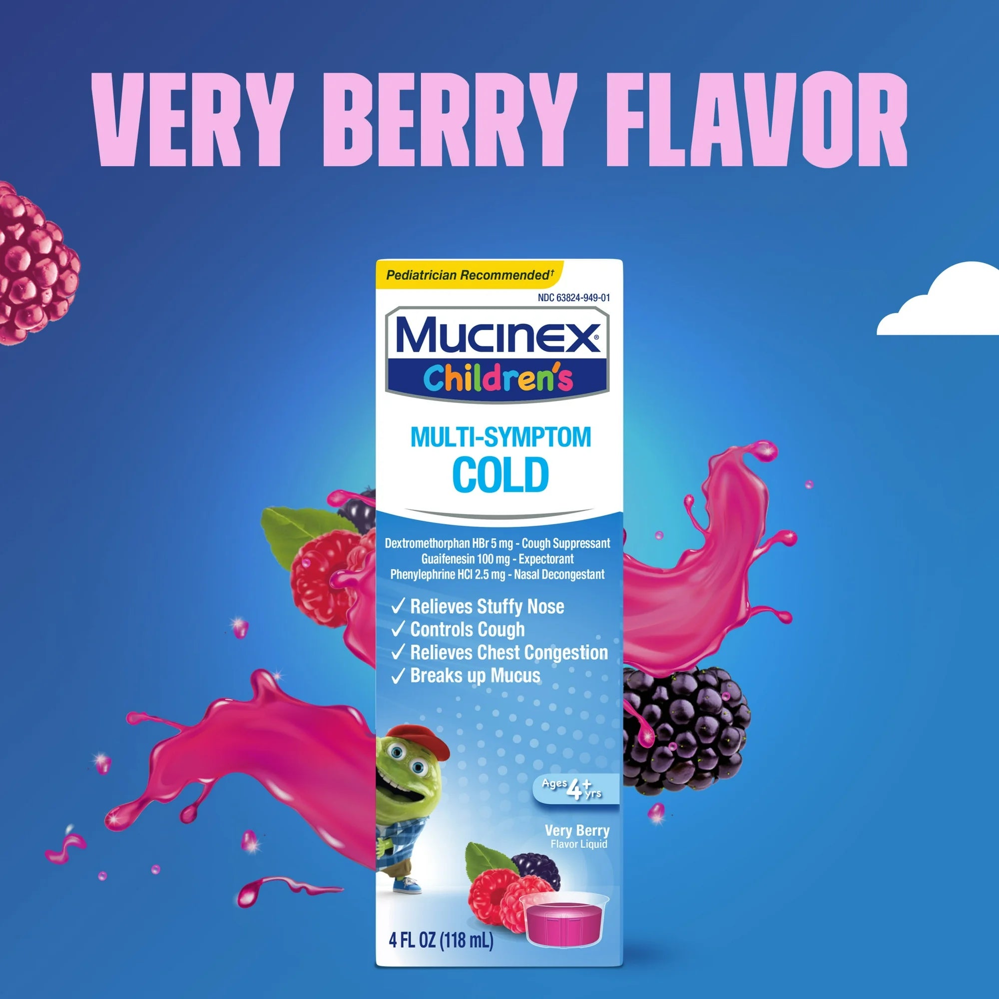 Mucinex Children's Cold & Cough Medicine, Expectorant for Kids, Very Berry Flavor Liquid, 4 fl oz