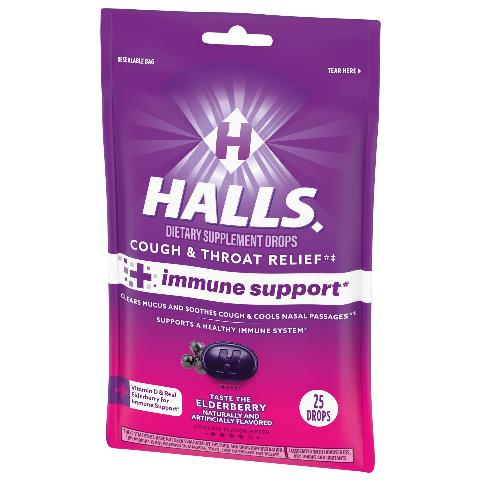 HALLS Cough and Throat Relief Plus Immune Support, Elderberry Cough Drops, 25 Count Drops
