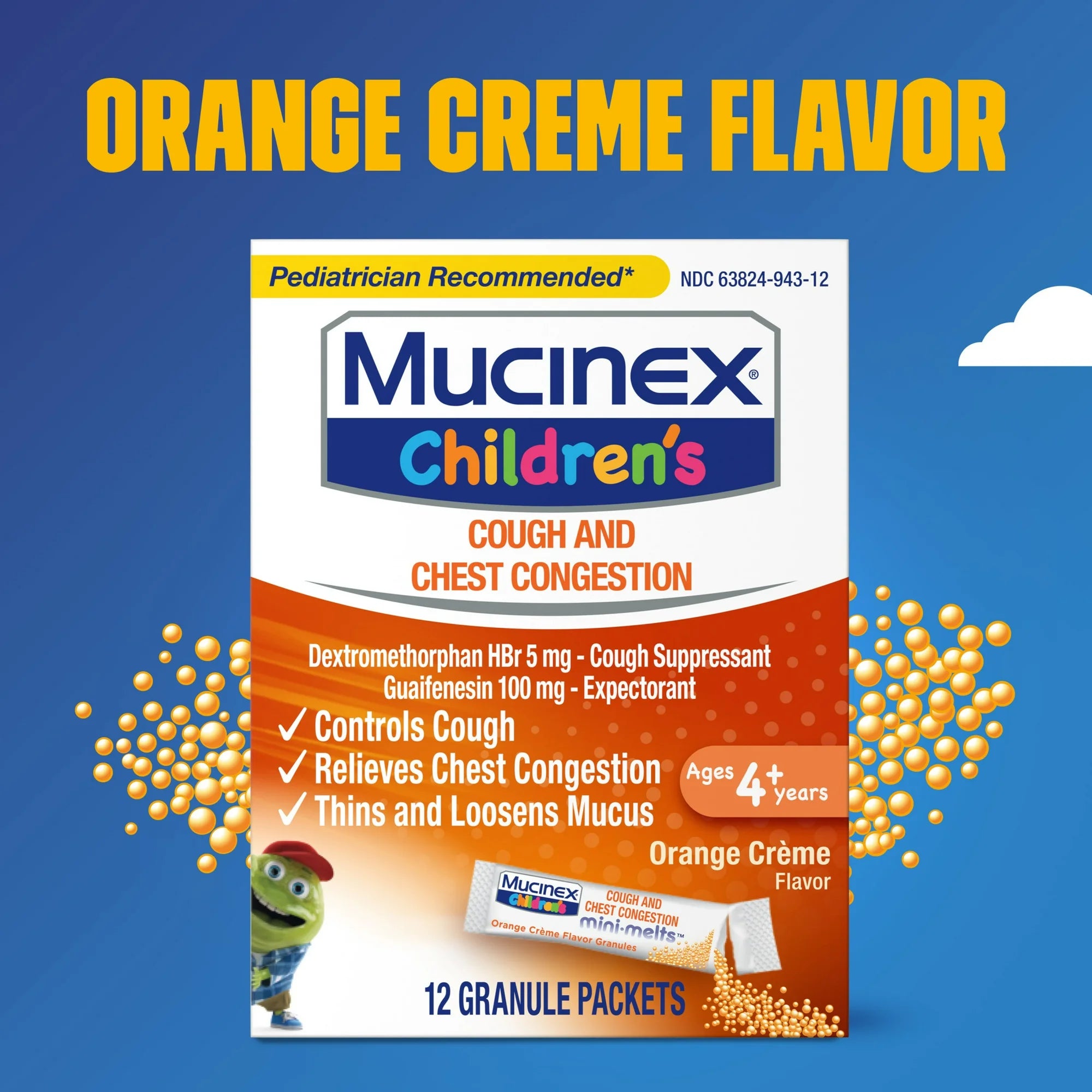 Mucinex Children's Cough Medicine & Expectorant for Kids, OTC Relief, Orange Crème Flavor Mini-Melts, 12 ct