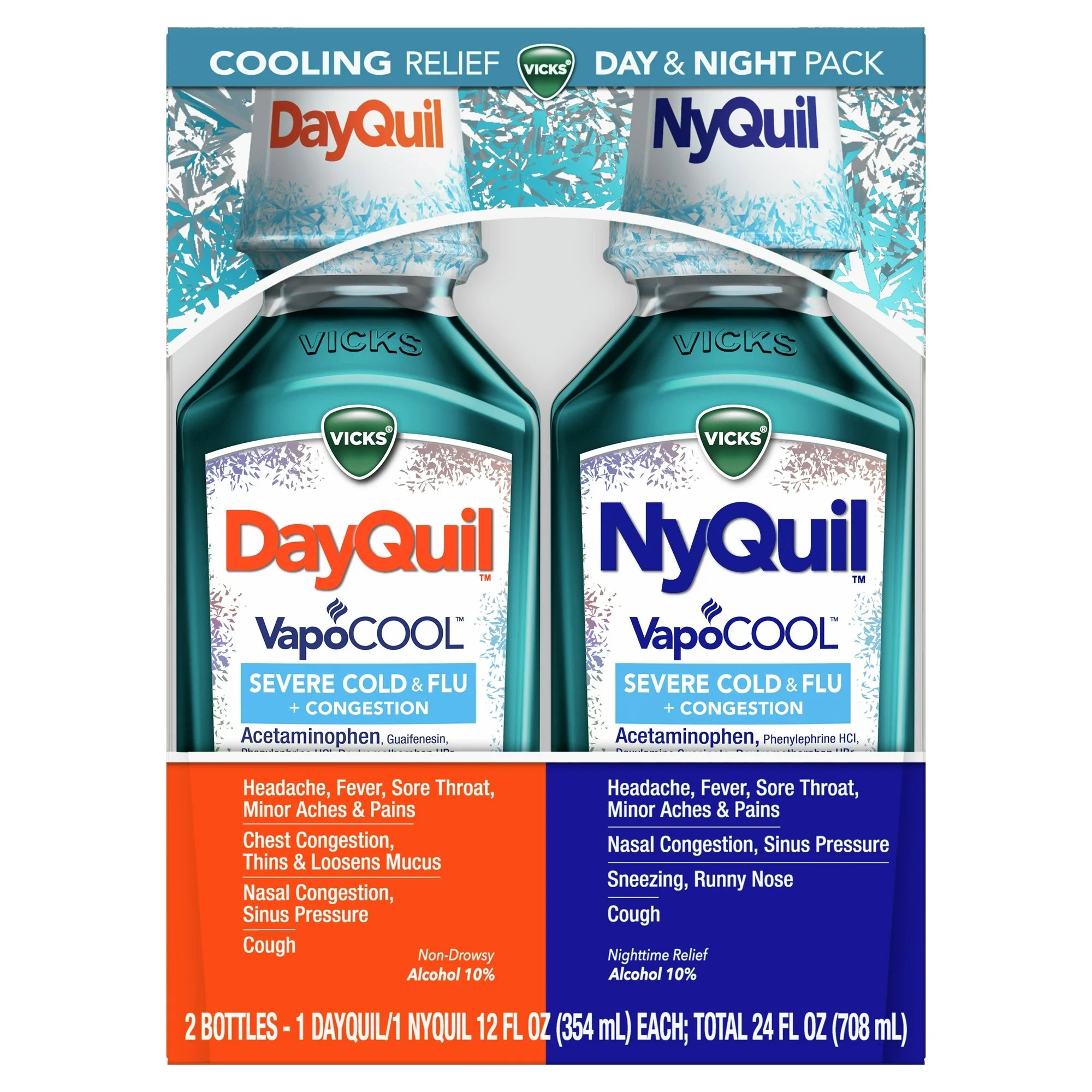 Vicks DayQuil and NyQuil Severe Cold and Flu Liquid, Cold Medicine for Adults, VapoCool 2x12 Fl oz