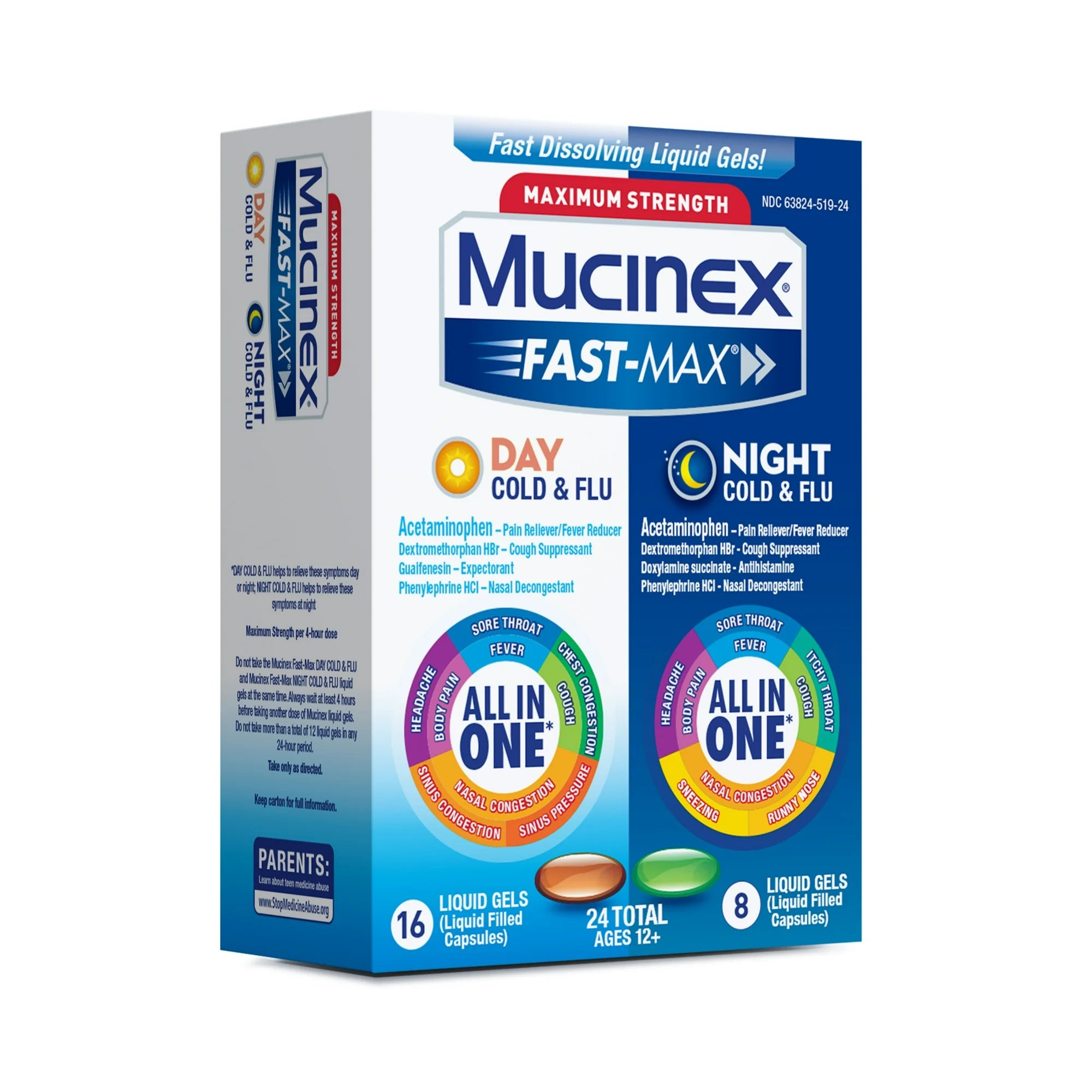 Mucinex Fast-Max Day Cold & Flu & Night Cold & Flu Medicine, OTC Cough Relief, 24 Liquid Gels