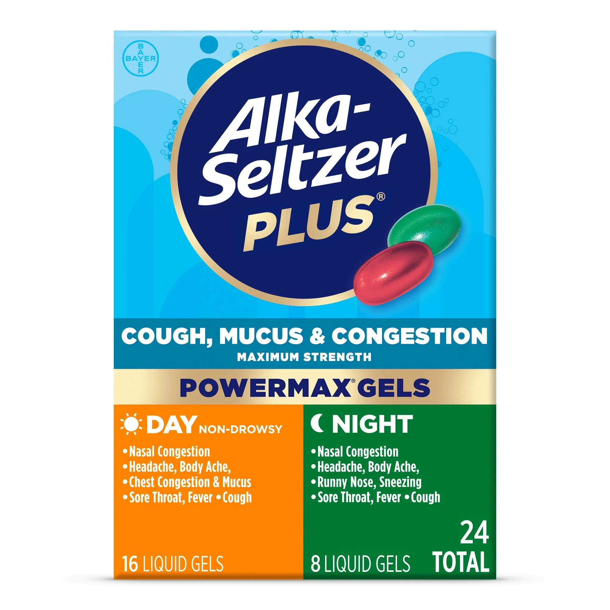 Alka-Seltzer Plus Maximum Strength Cough, Mucus & Congestion Medicine, Day+Night, Powermax Liquid Gels, 24 Count