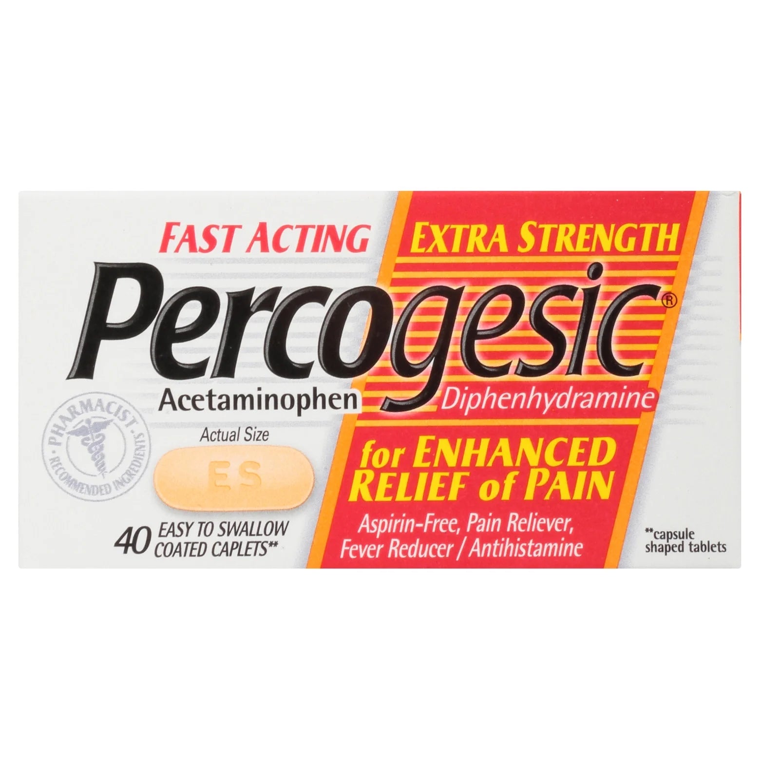 Percogesic Extra Strength Pain Relief, Aspirin Free Fast Acting Relief, Acetaminophen and Diphenhydramine, 40 Tablets