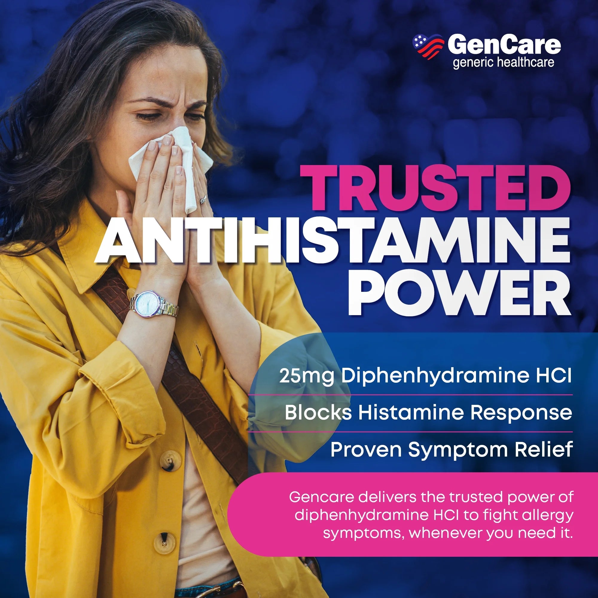GenCare Allergy Relief Tablets Antihistamine Diphenhydramine HCl 25mg, 600 Tablets