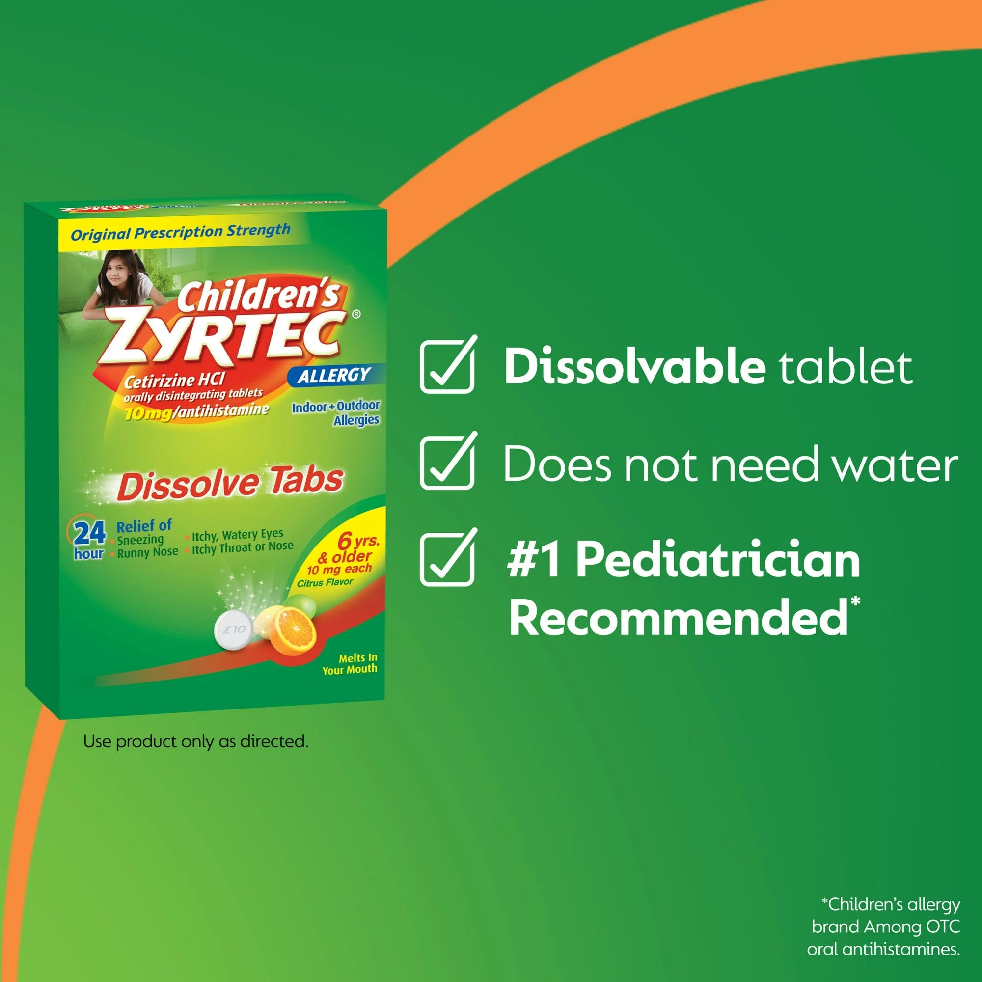 Children's Zyrtec 24 Hr Allergy Relief Dissolve Tablets, Citrus, 24 Ct