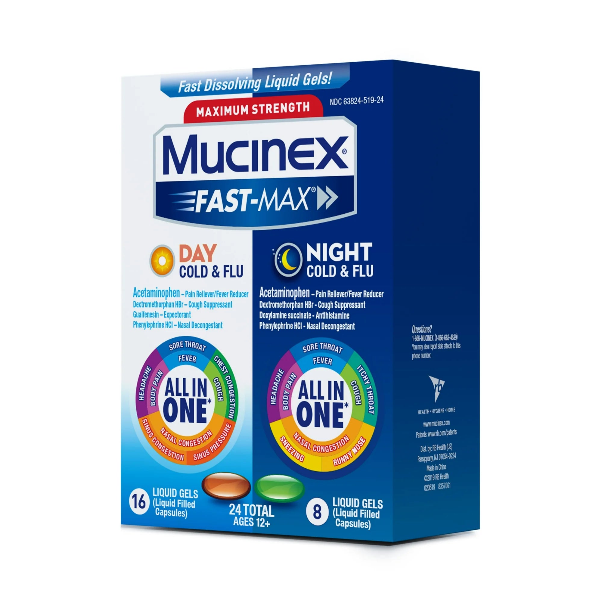 Mucinex Fast-Max Day Cold & Flu & Night Cold & Flu Medicine, OTC Cough Relief, 24 Liquid Gels