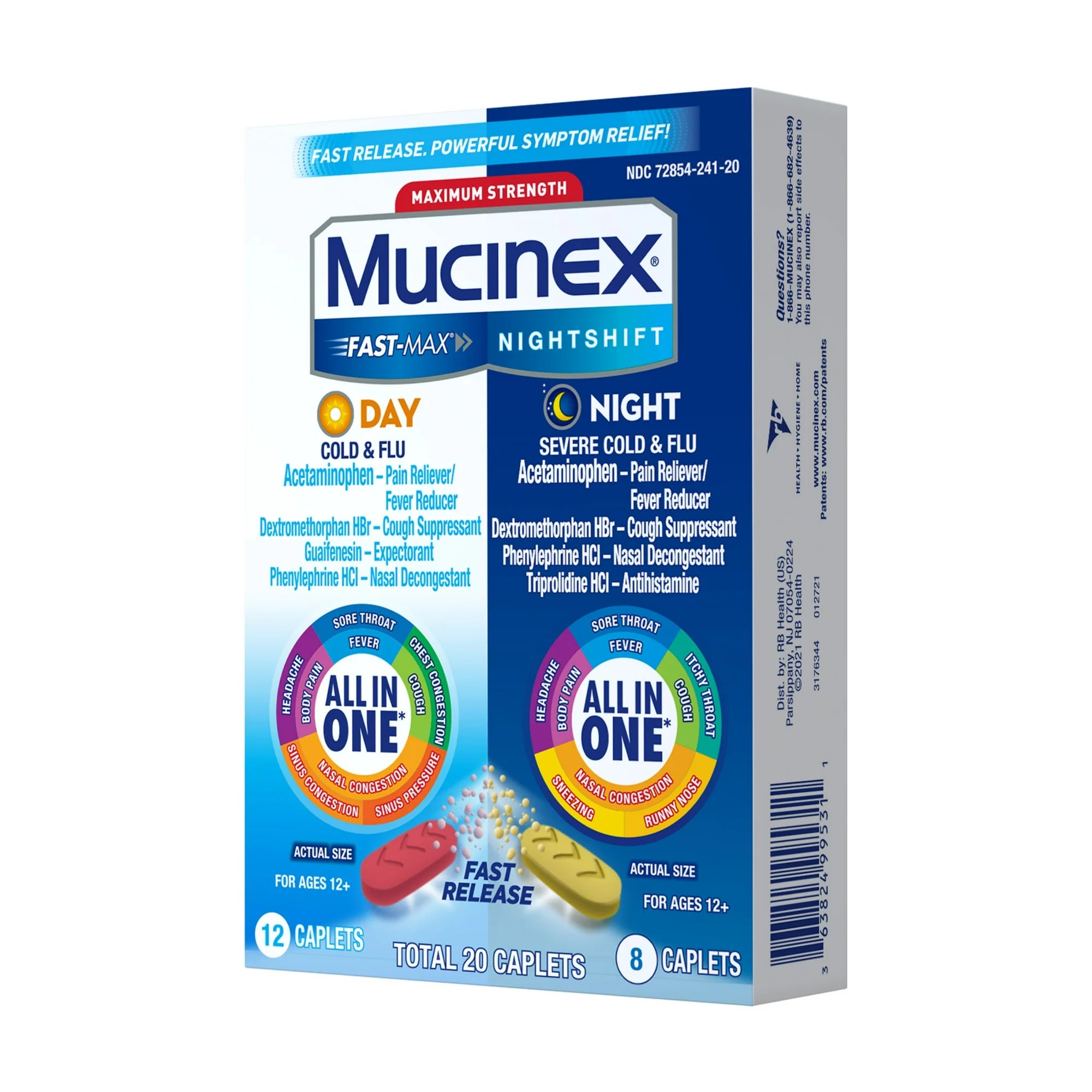 Mucinex Fast-Max Day Cold & Flu & Nightshift Severe Cold & Flu Medicine, Cough Relief, 20 Caplets