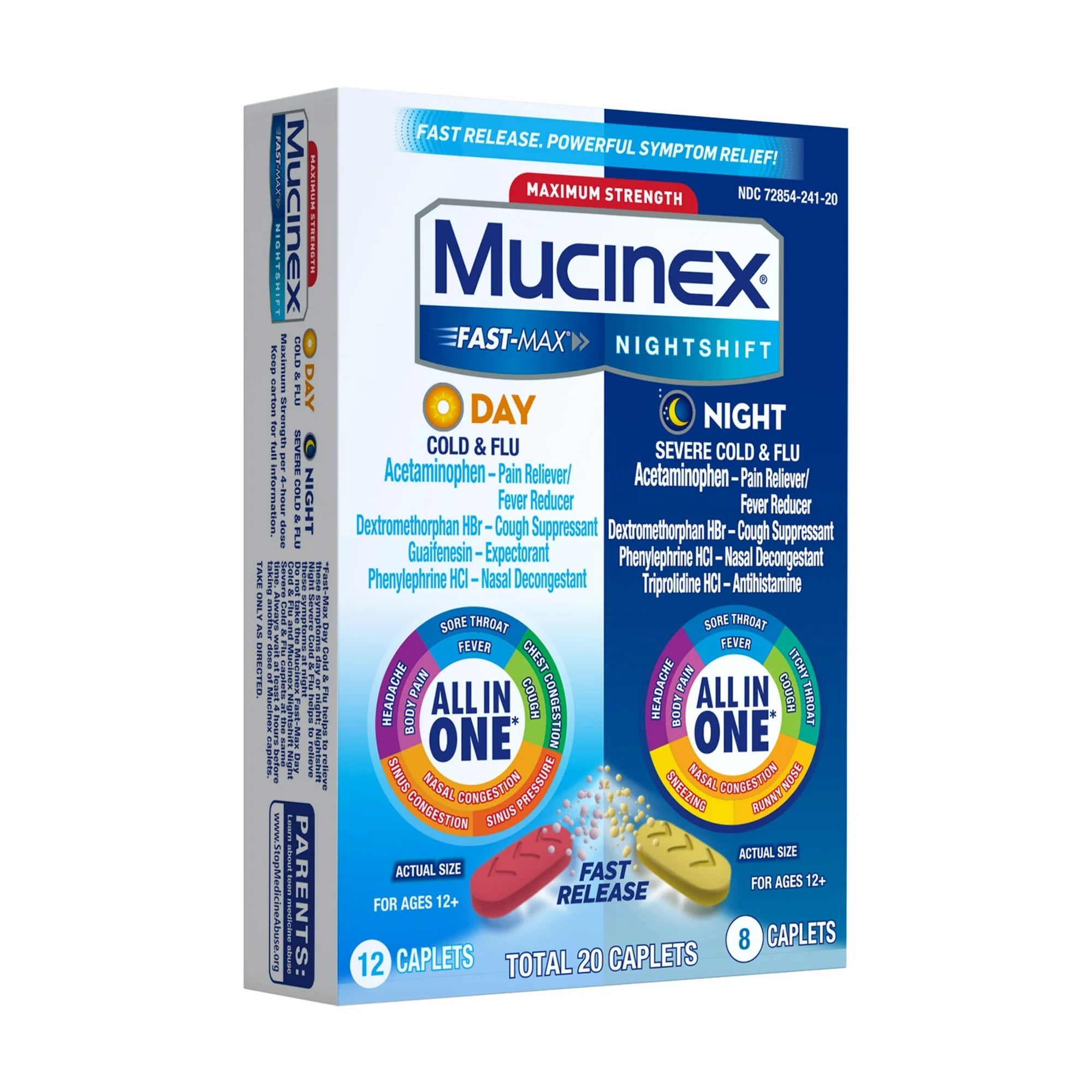 Mucinex Fast-Max Day Cold & Flu & Nightshift Severe Cold & Flu Medicine, Cough Relief, 20 Caplets