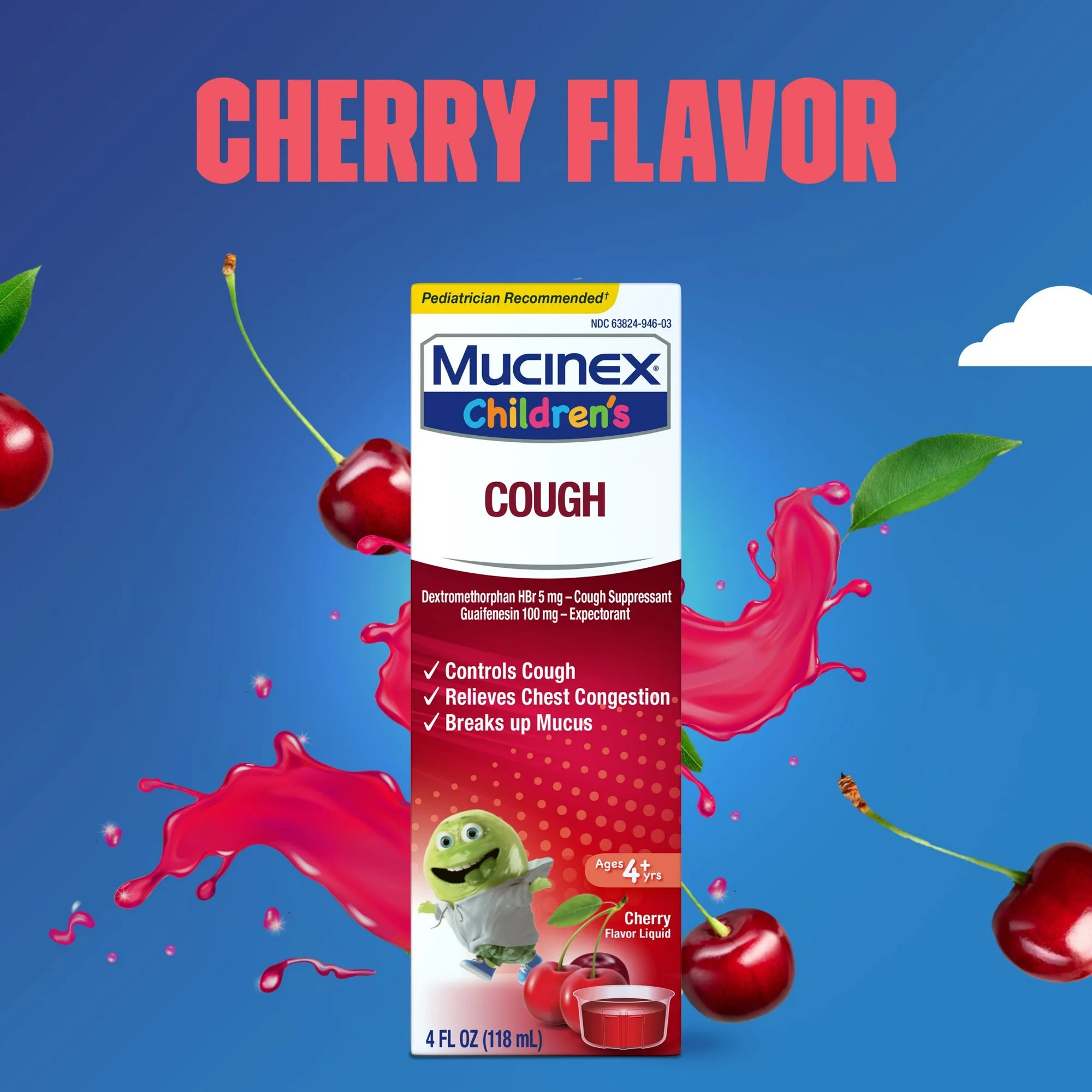 Mucinex Children's Cough Medicine, Liquid Cough Suppressant & Expectorant for Kids, Cherry Flavor, 4 fl oz