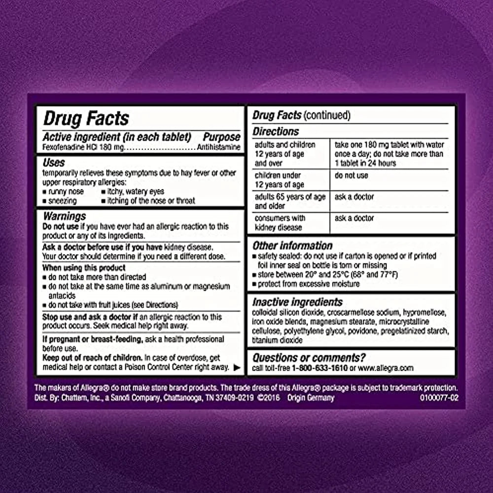 Allegra Fexofenadine 180mg Antihistamine Relief Indoor & Outdoor Allergy 70ct