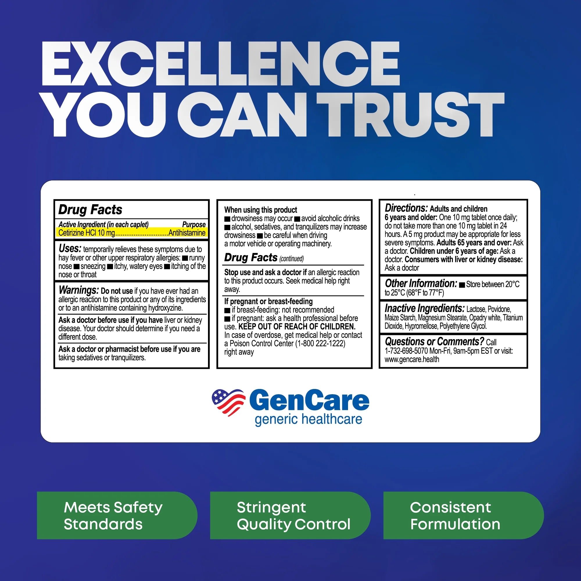 GenCare 24 Hour Allergy Relief Tablets Antihistamine Cetirizine HCl 10 mg