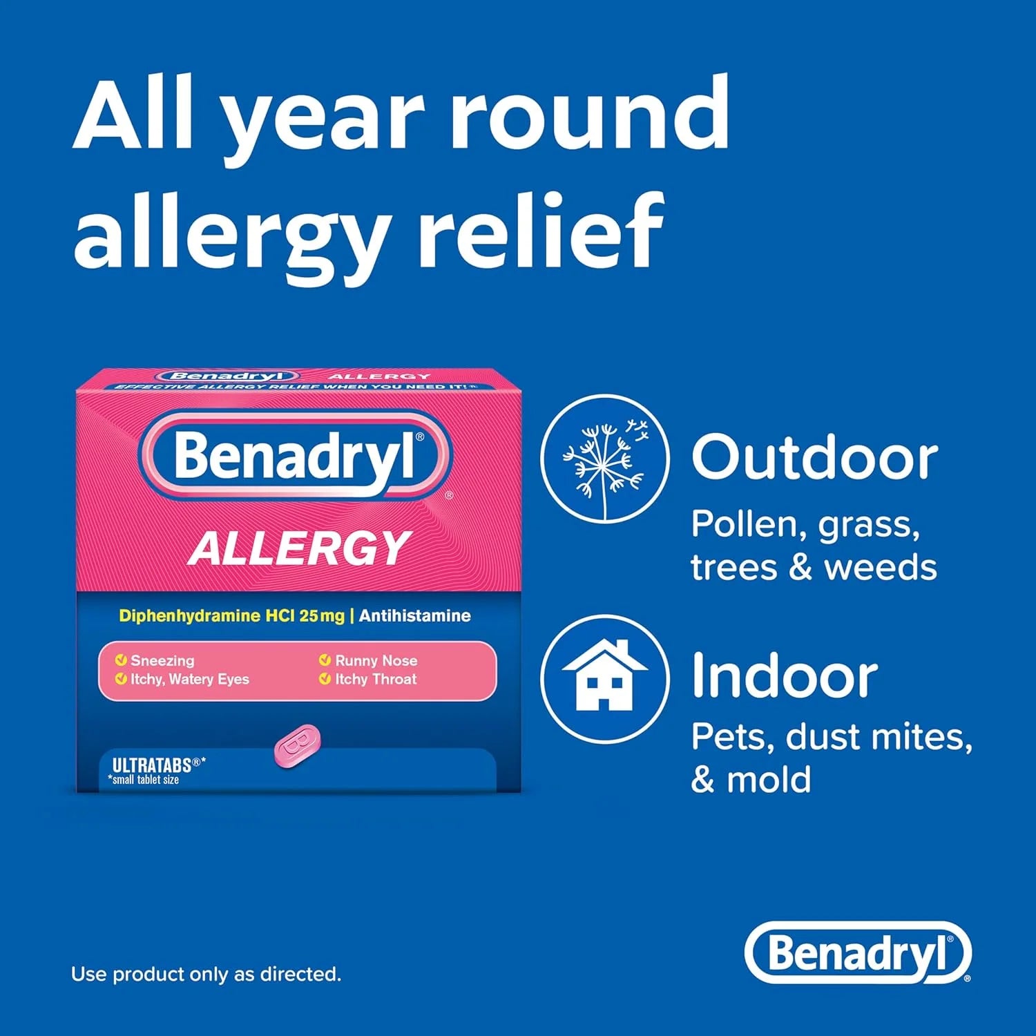 Benadryl Allergy Ultratabs Diphenhydramine HCl 25 mg Antihistamine Tablets