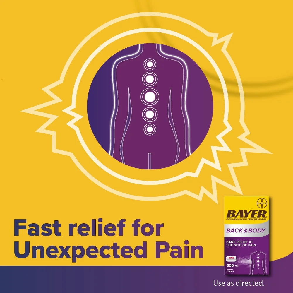 Bayer Back and Body Extra Strength Aspirin 500mg, Aspirin Plus 32.5 mg Caffeine Pain Reliever, Powerful Back and Body Pain Relief, Coated Caplets