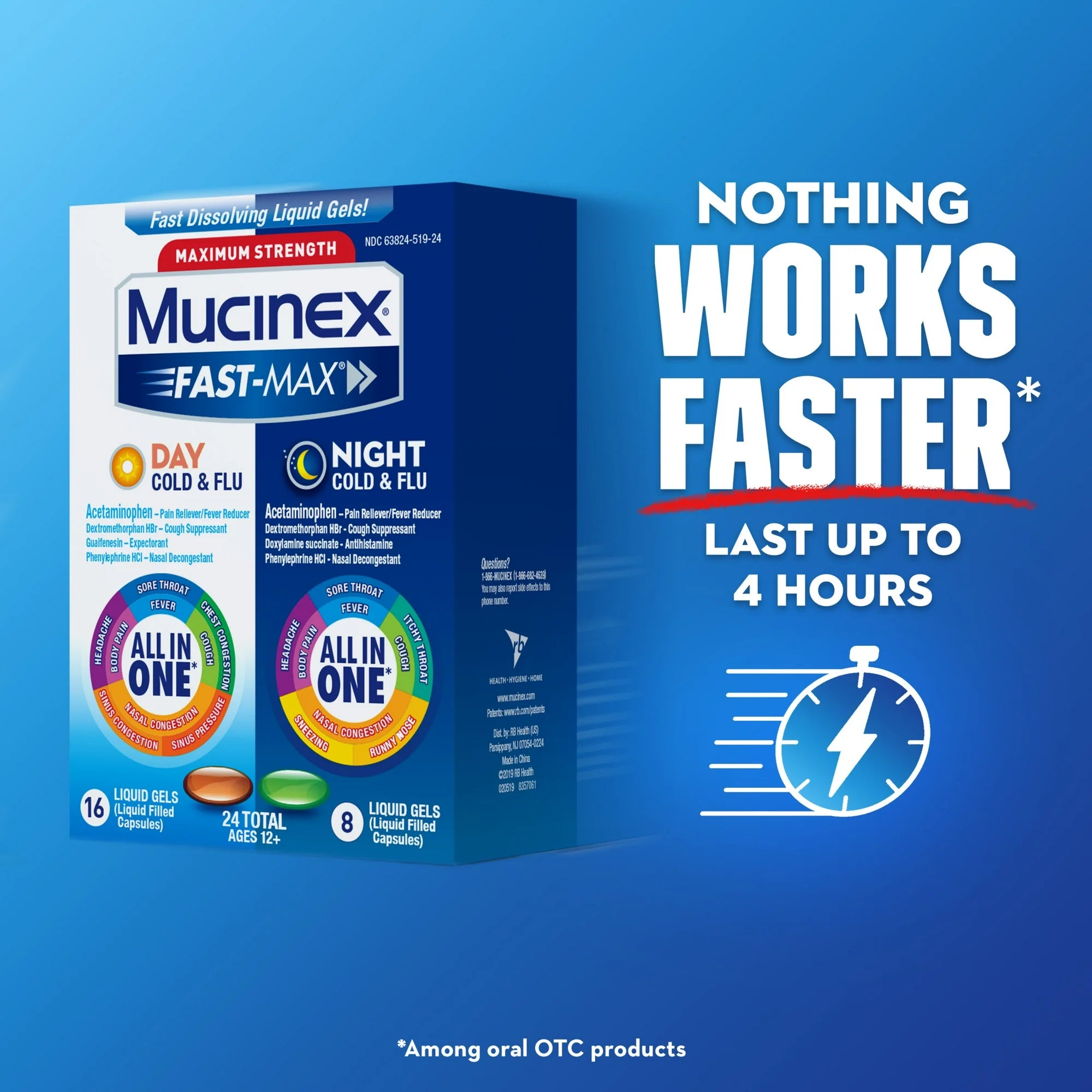 Mucinex Fast-Max Day Cold & Flu & Night Cold & Flu Medicine, OTC Cough Relief, 24 Liquid Gels