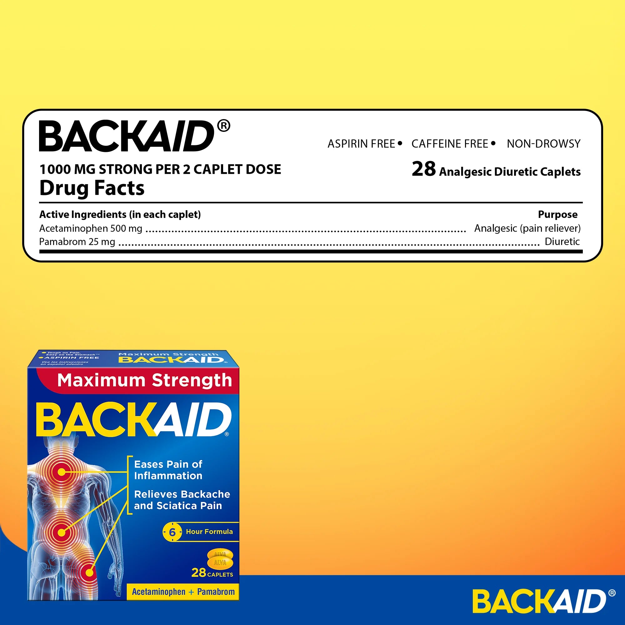 Backaid Maximum Strength Back Pain Reliever, 6-Hour Formula, Aspirin-Free Caplets, 28 Count