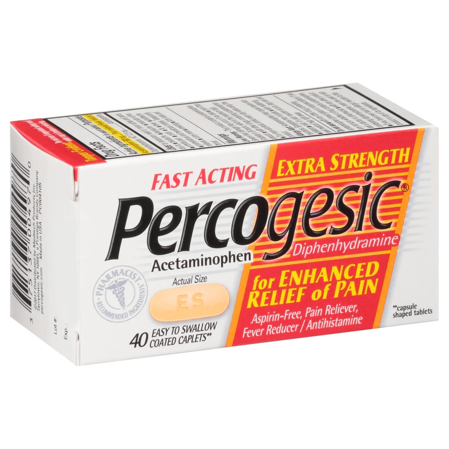Percogesic Extra Strength Pain Relief, Aspirin Free Fast Acting Relief, Acetaminophen and Diphenhydramine, 40 Tablets