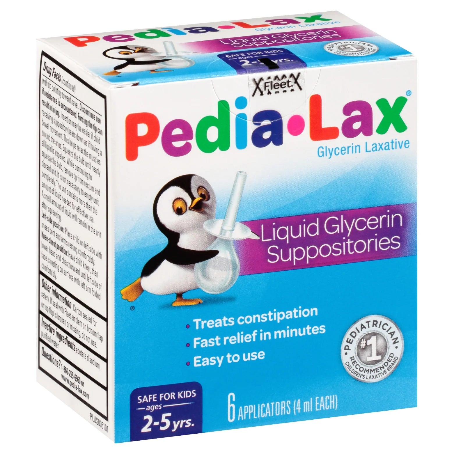Pedia-Lax Laxative Liquid Glycerin Suppositories for Kids, Ages 2-5, 6 Count