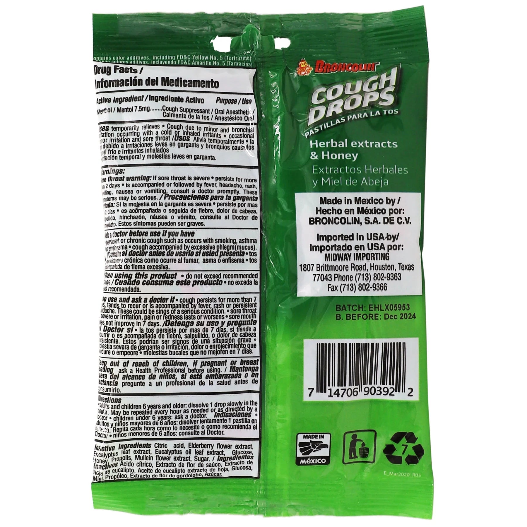 Broncolin Honey Lemon Candy Drops 22 Count Bag