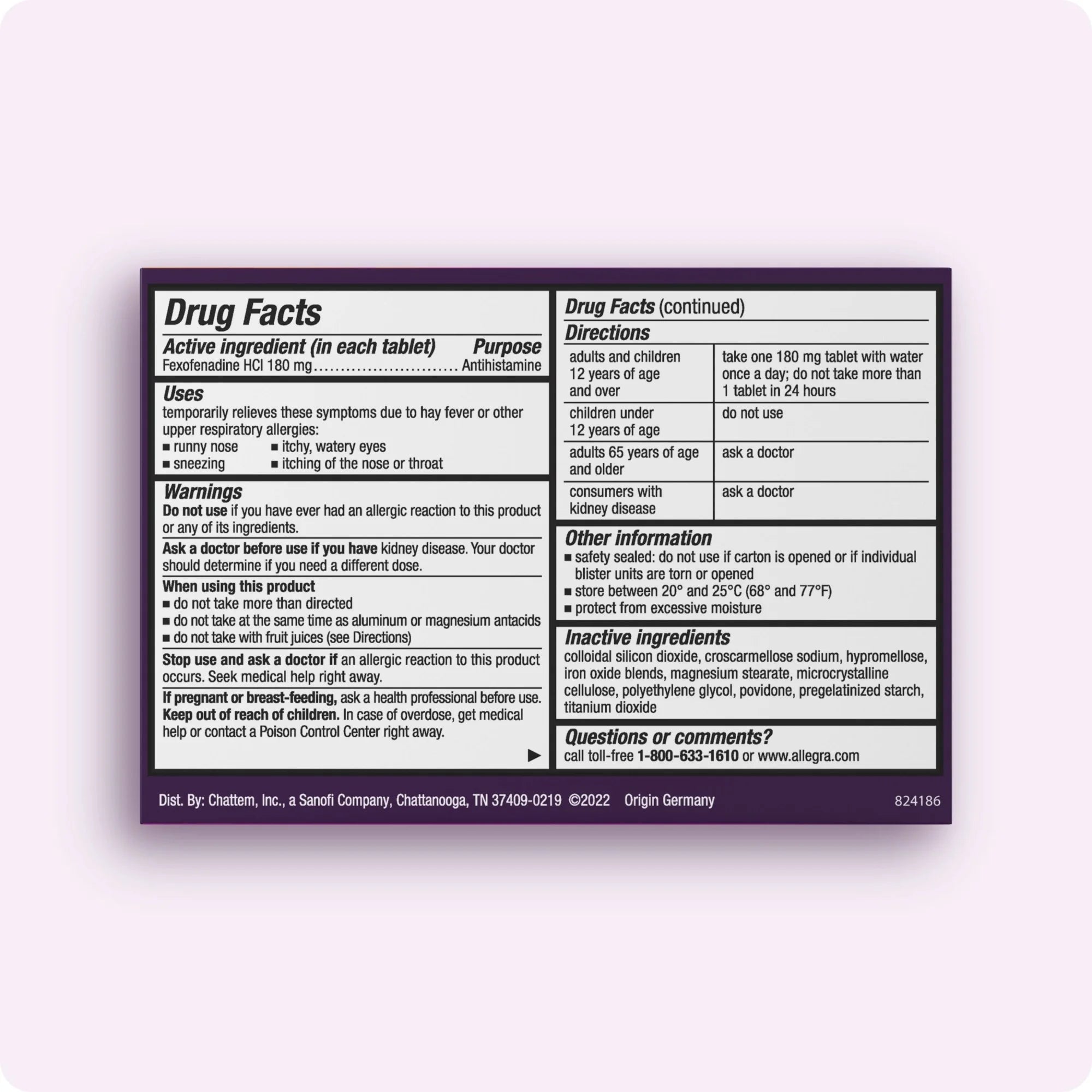 Allegra Adult 24-Hour Allergy Relief Tablets, Non-Drowsy Allergy Medicine, 180 mg Pill,
