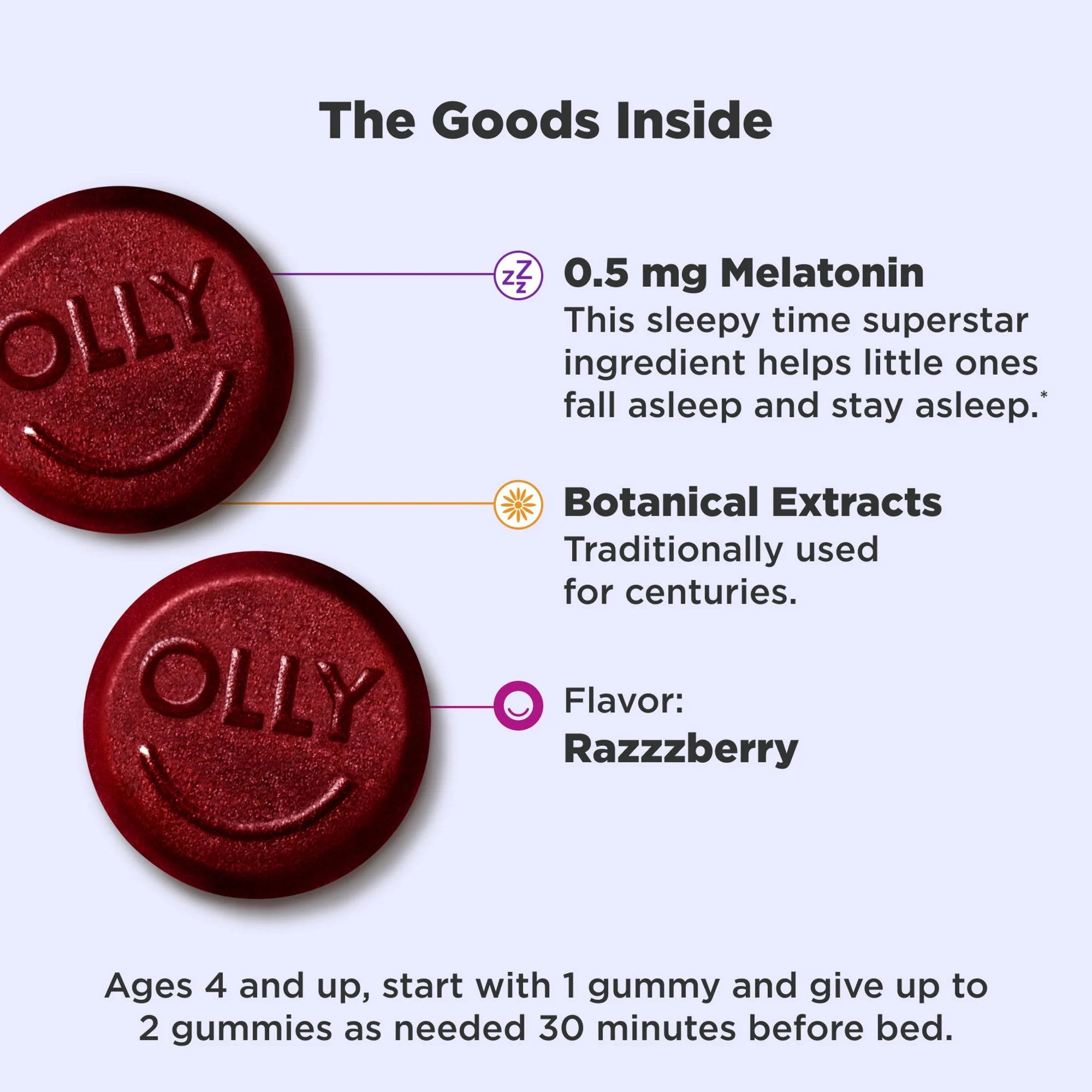 OLLY Kids Sleep Gummy Supplement, 0.5mg Melatonin, L Theanine, Sleep Aid, Raspberry Flavor, 50 Ct
