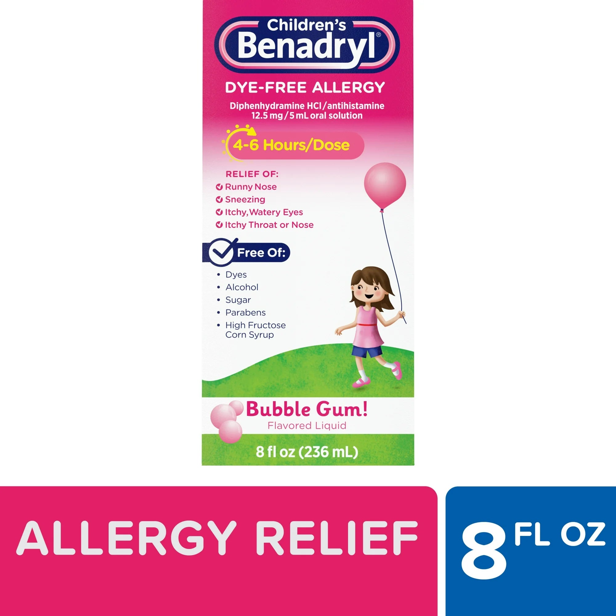 Children's Benadryl Dye-Free Allergy Liquid, Bubble Gum
