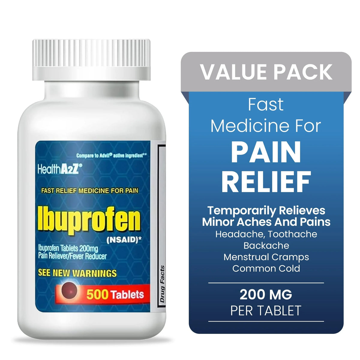 HealthA2Z® Ibuprofen 200mg | 500 Counts | Pain Relief | Body Aches | Headache | Arthritis | Cramps | Back Pain | Fever Reducer… (500 Count)