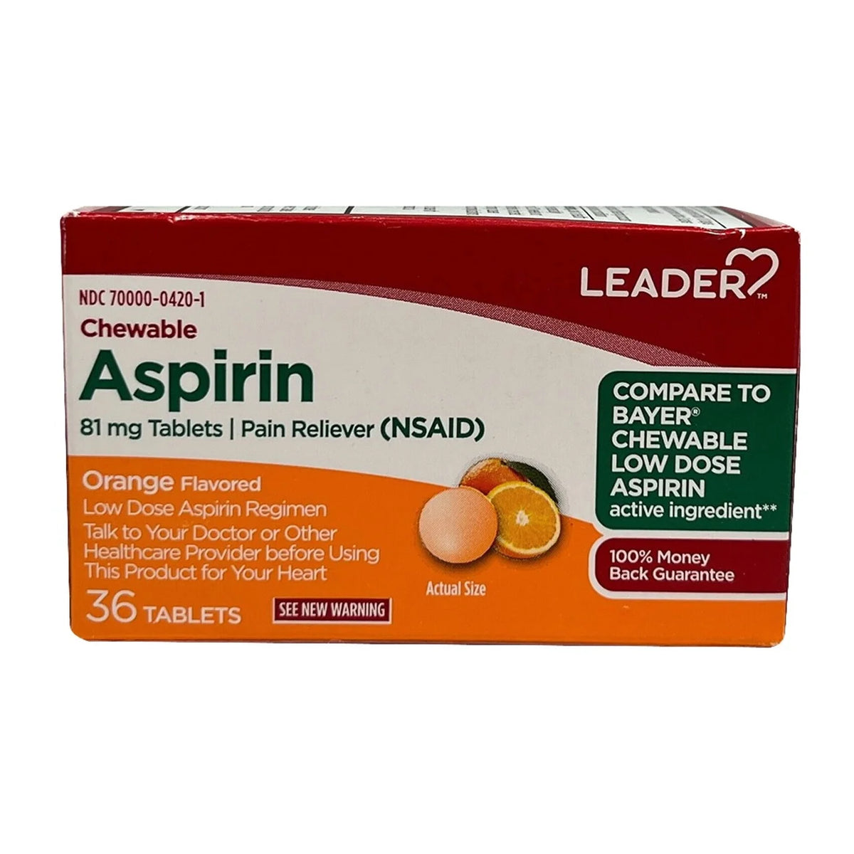 Realiver Leader Aspirin Chewable 81 Mg Pain Reliever Tablets, Orange Flavor, 36 ...