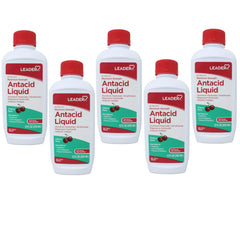 Leader Maximum Strength Antacid Liquid with Aluminum Hydroxide, Simethicone, Antacid/Antigas for Heartburn, Acid Indigestion, Pressure & Bloating, Cherry Flavor 12 FL oz - 5 Pack