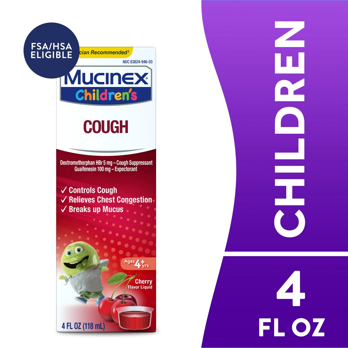 Mucinex Children's Cough Medicine, Liquid Cough Suppressant & Expectorant for Kids, Cherry Flavor, 4 fl oz