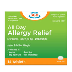 Spirit 360 All Day Allergy Relief, Indoor/Outdoor, 10mg Cetirizine Hcl, 14 Tablets