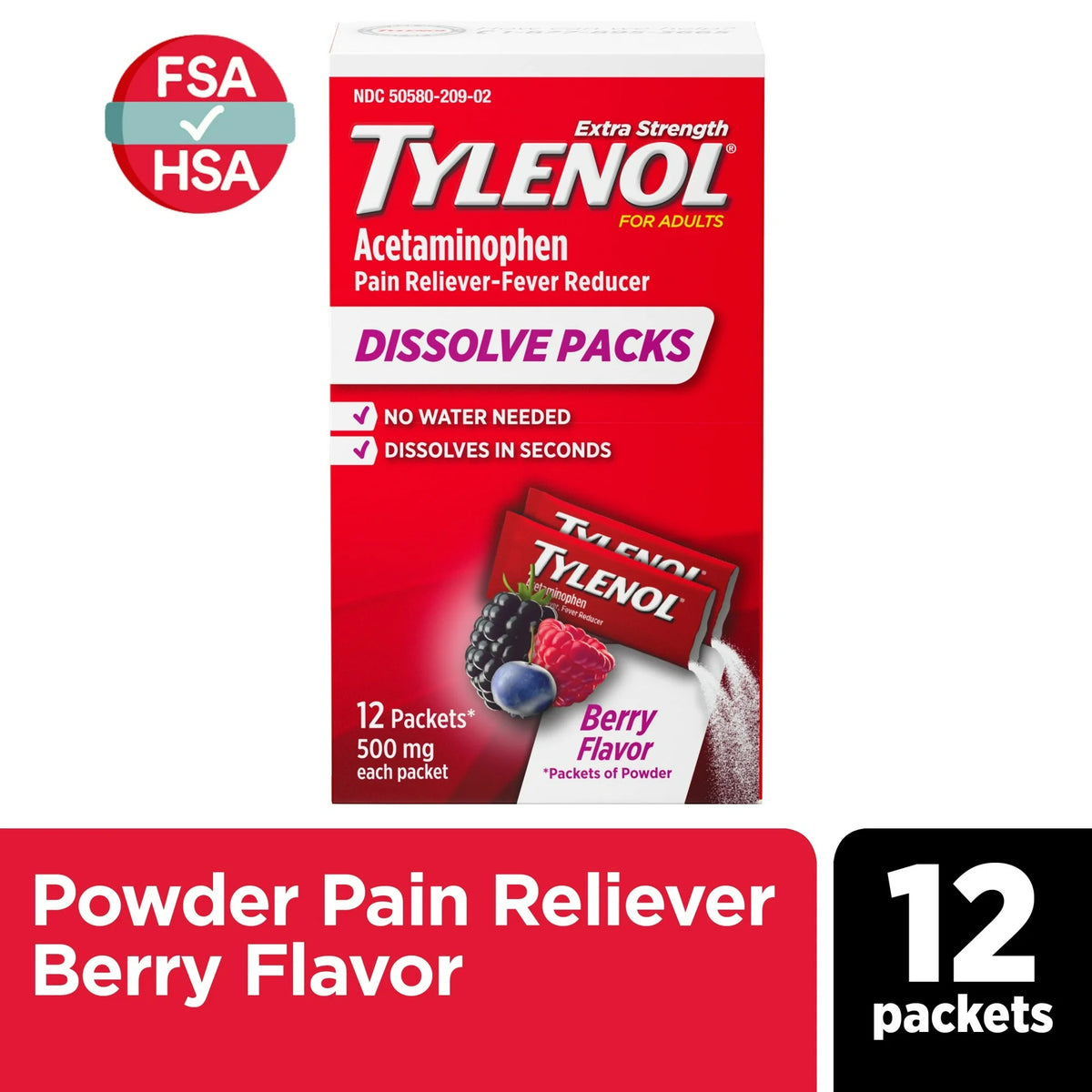 Tylenol Extra Strength Dissolve Packs with Acetaminophen, Berry, 12 Ct