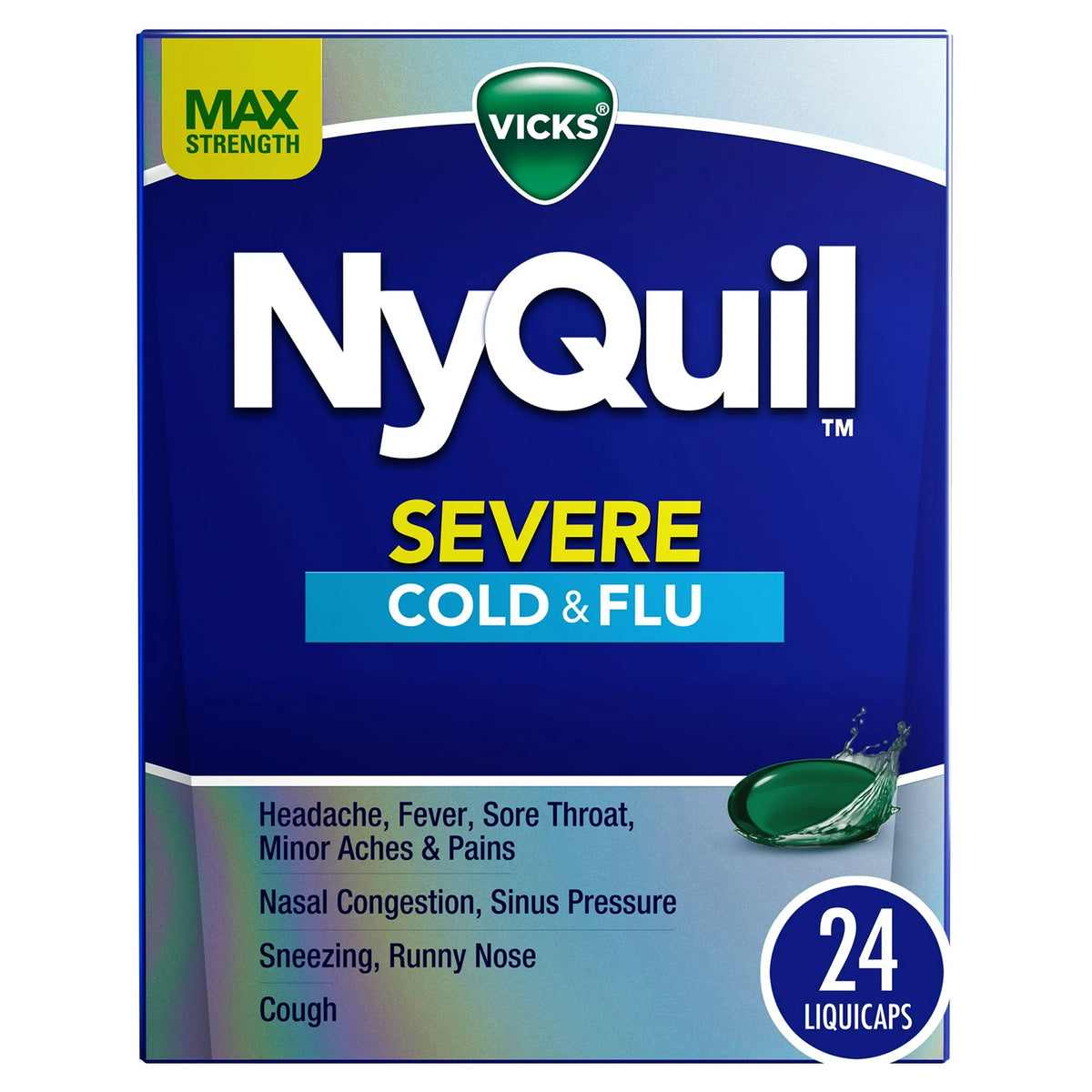 Vicks NyQuil Severe Cold and Flu Liquicaps, Nighttime Cold and Flu Medicine for Adults, 24 Count