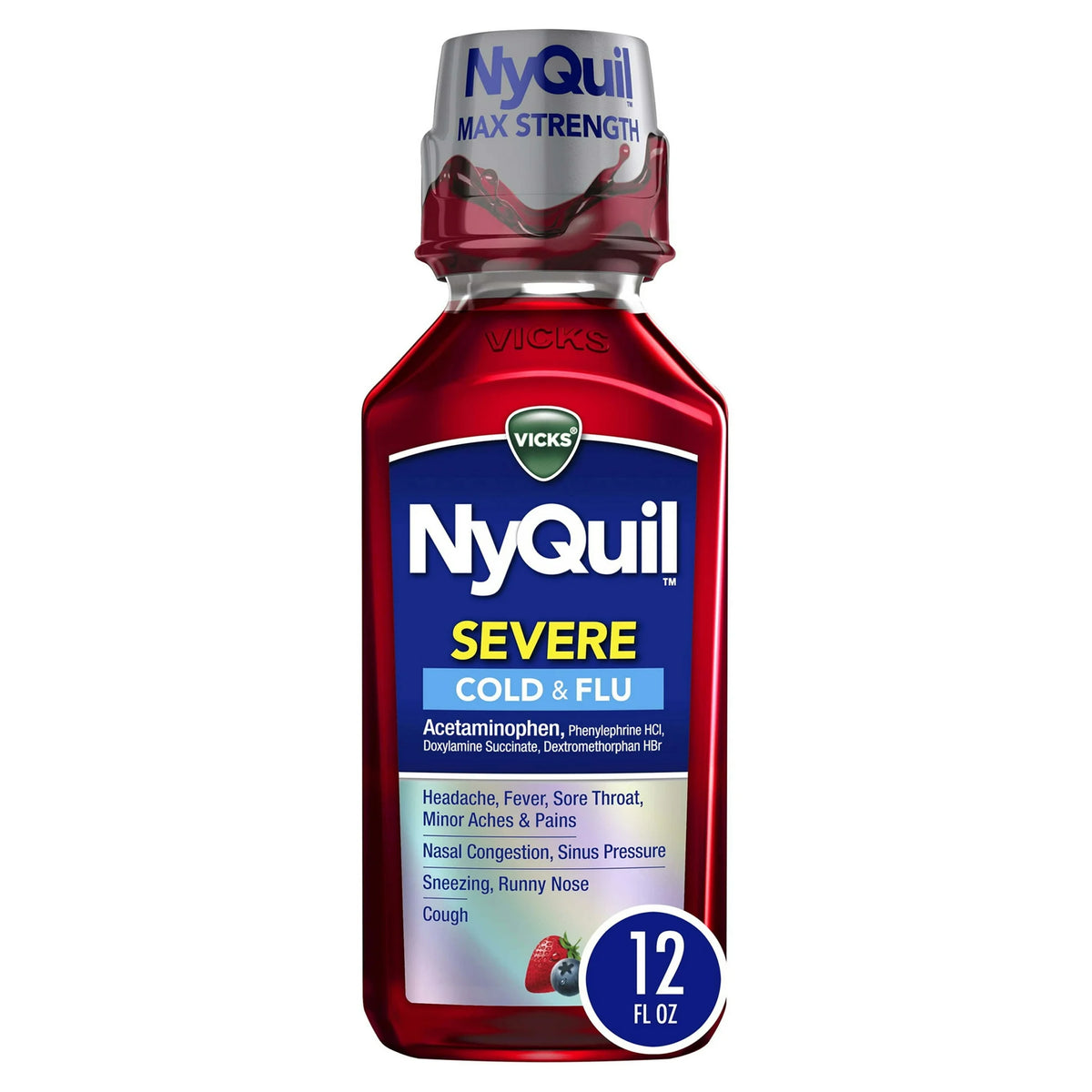 Vicks NyQuil Severe Cold and Flu Liquid, Nighttime Cold and Flu Medicine for Adults, Berry, 12 Fl oz