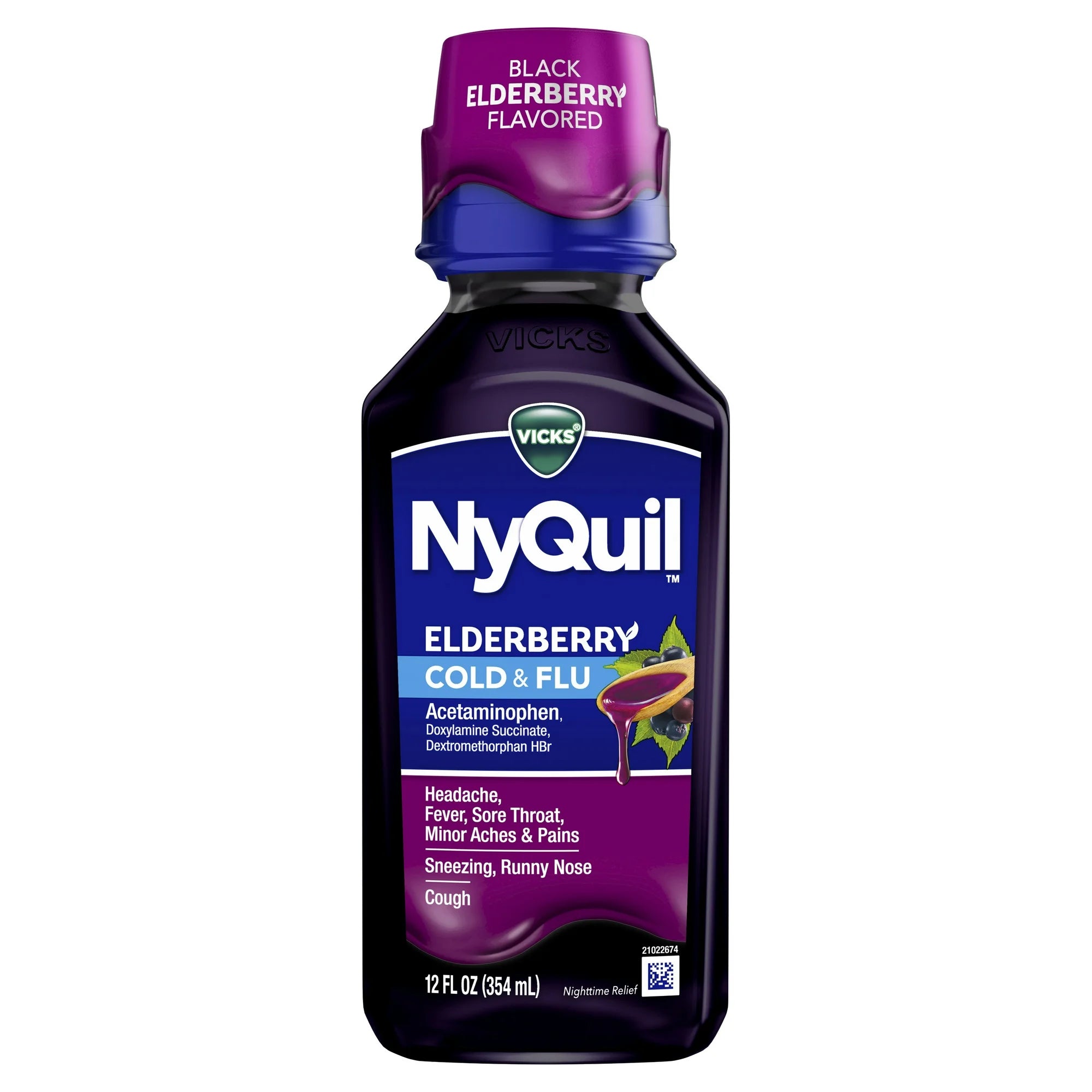 Vicks NyQuil Cold and Flu Liquid, Nighttime Cold and Flu Medicine for Adults, Elderberry, 12 Fl oz