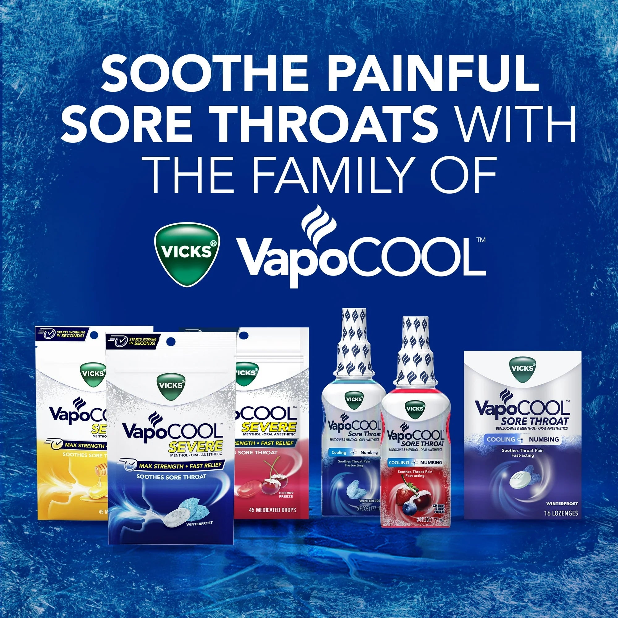 Vicks Vapocool Severe Medicated Sore Throat Drops, Menthol, Winterfrost Flavor, 45 Ct