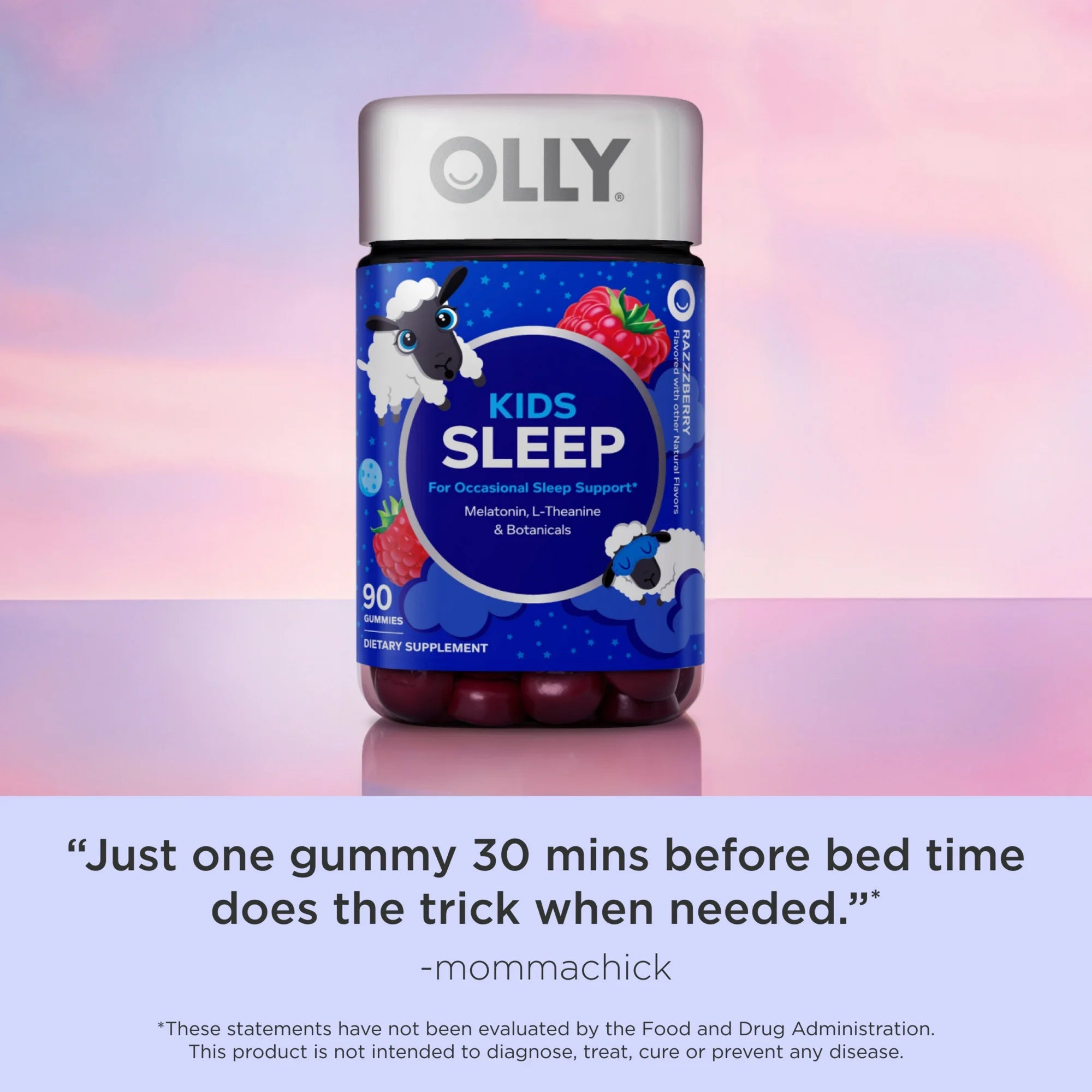 OLLY Kids Sleep Gummy Supplement, 0.5mg Melatonin, L Theanine, Sleep Aid, Raspberry Flavor, 50 Ct