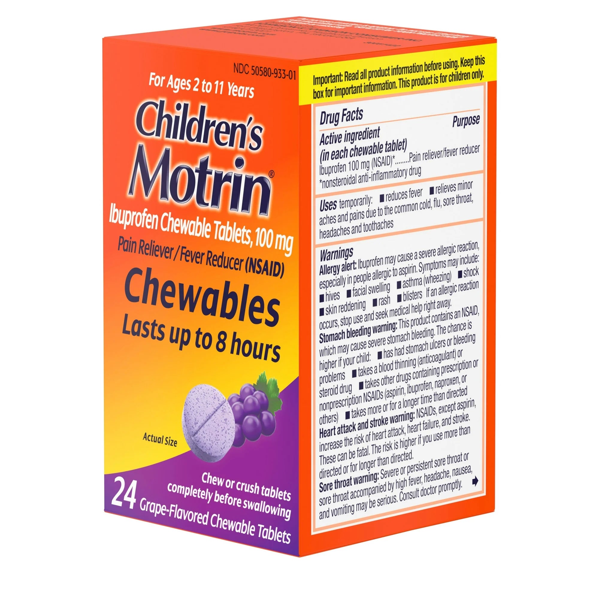 Children's Motrin Ibuprofen Chewable Tablets, Grape, 24 Ct