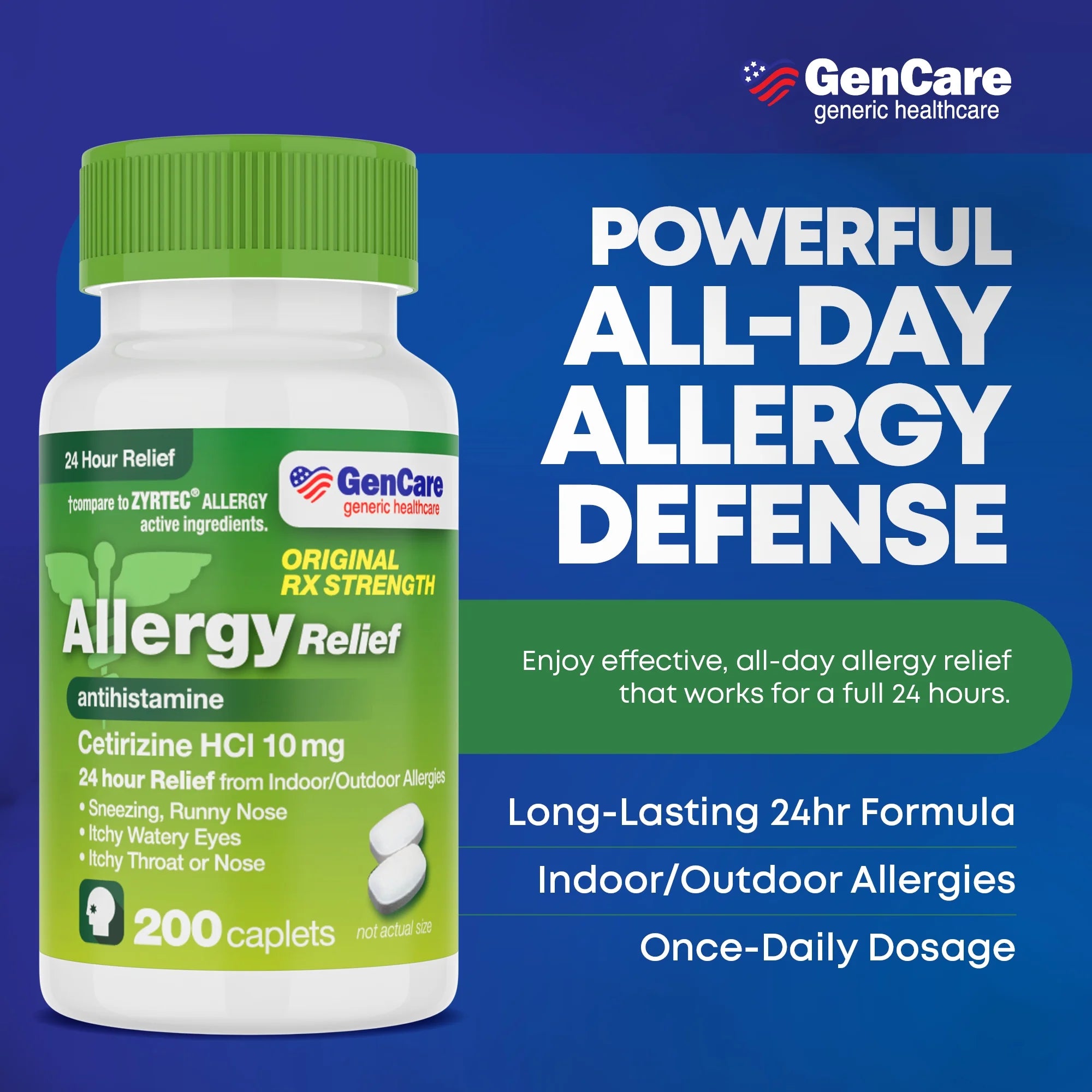 GenCare 24 Hour Allergy Relief Tablets Antihistamine Cetirizine HCl 10 mg