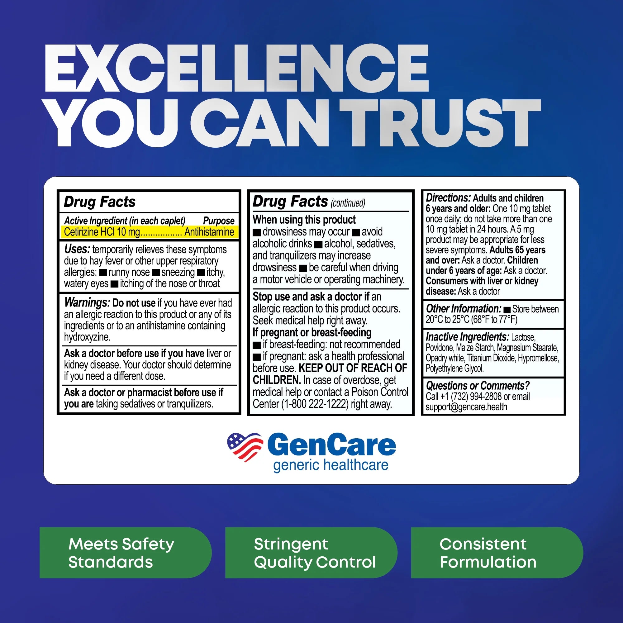 GenCare 24 Hour Allergy Relief Tablets Antihistamine Cetirizine HCl 10 mg