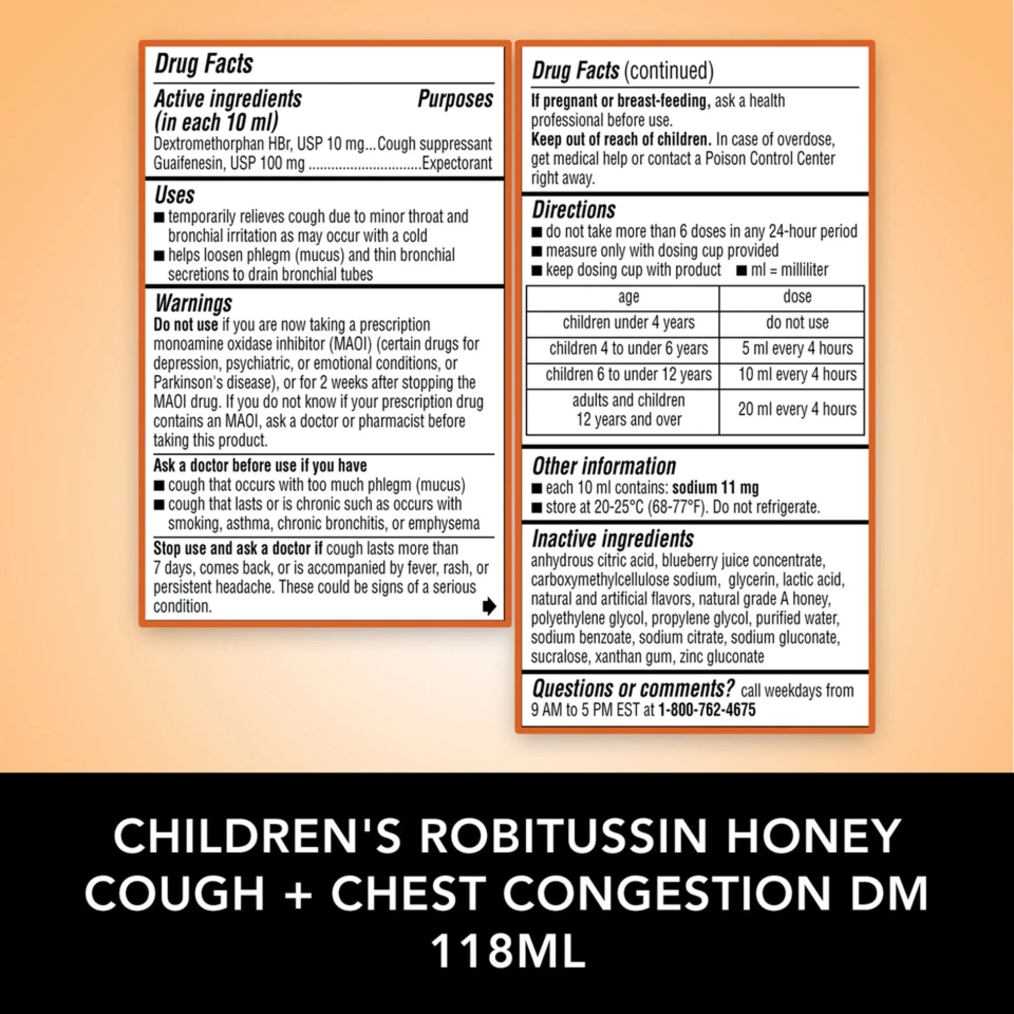 Children's Robitussin Kids Cough Congestion DM and Cold Medicine, Honey, 4 Fl Oz