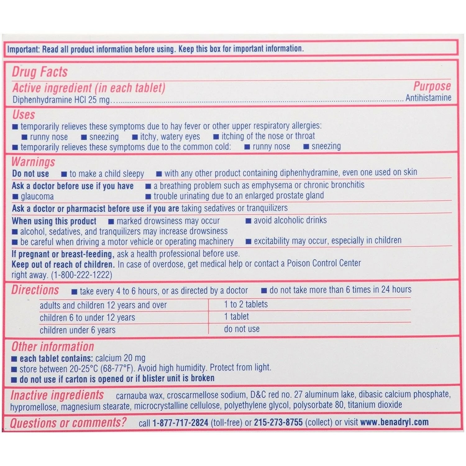 Benadryl Allergy Ultratabs Diphenhydramine HCl 25 mg Antihistamine Tablets
