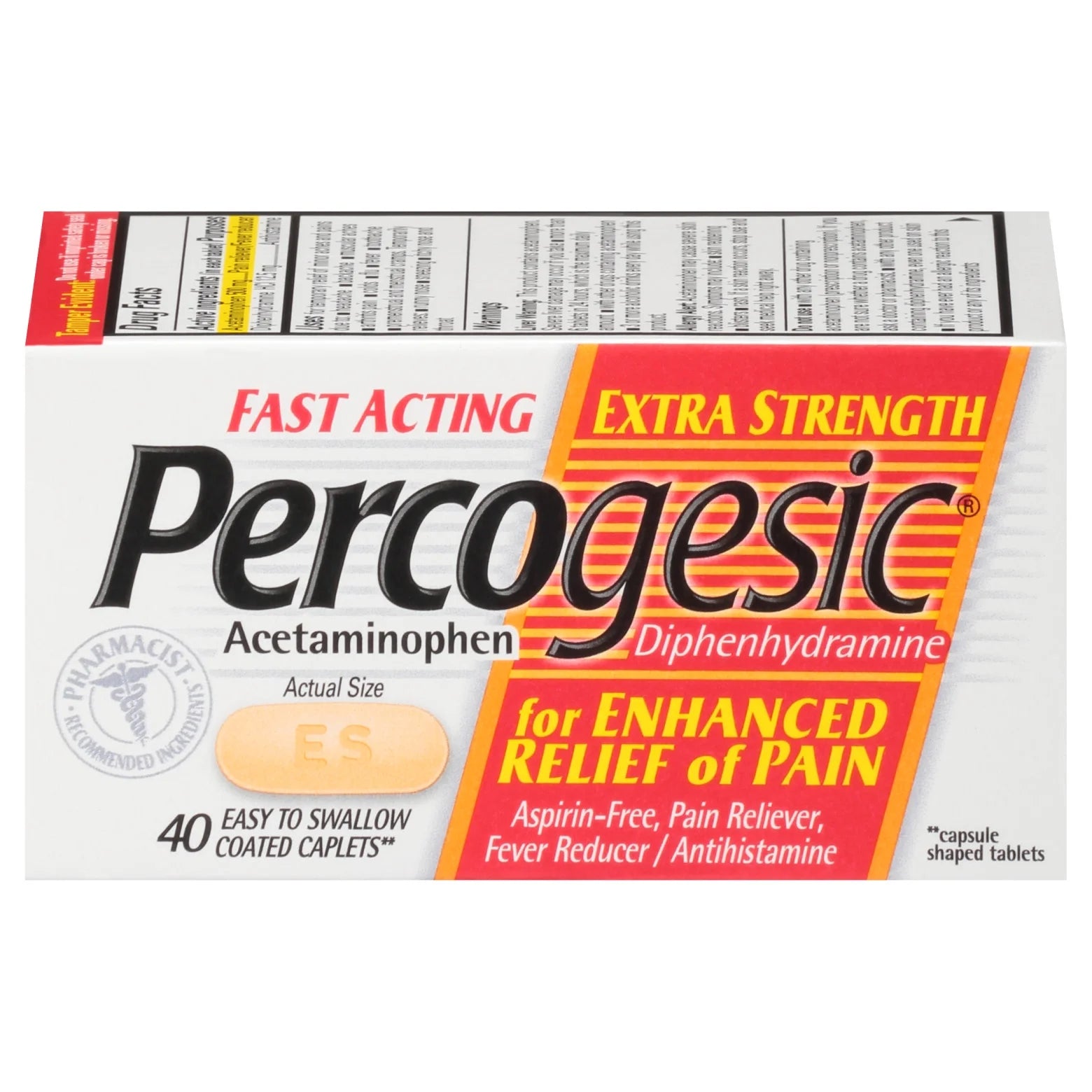 Percogesic Extra Strength Pain Relief, Aspirin Free Fast Acting Relief, Acetaminophen and Diphenhydramine, 40 Tablets