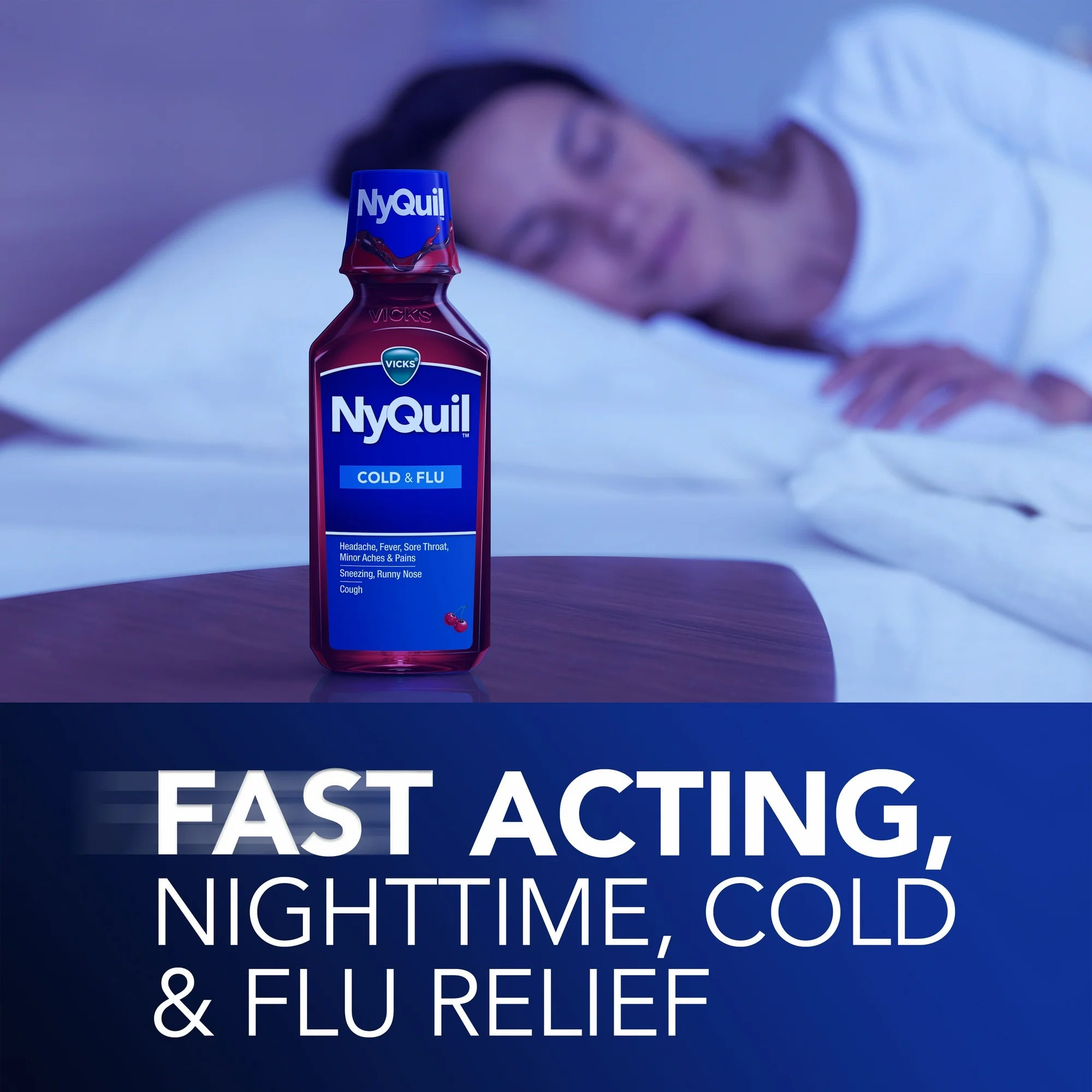Vicks NyQuil Cold and Flu Liquid, Nighttime Cold and Flu Medicine, Cherry, 12 Fl oz