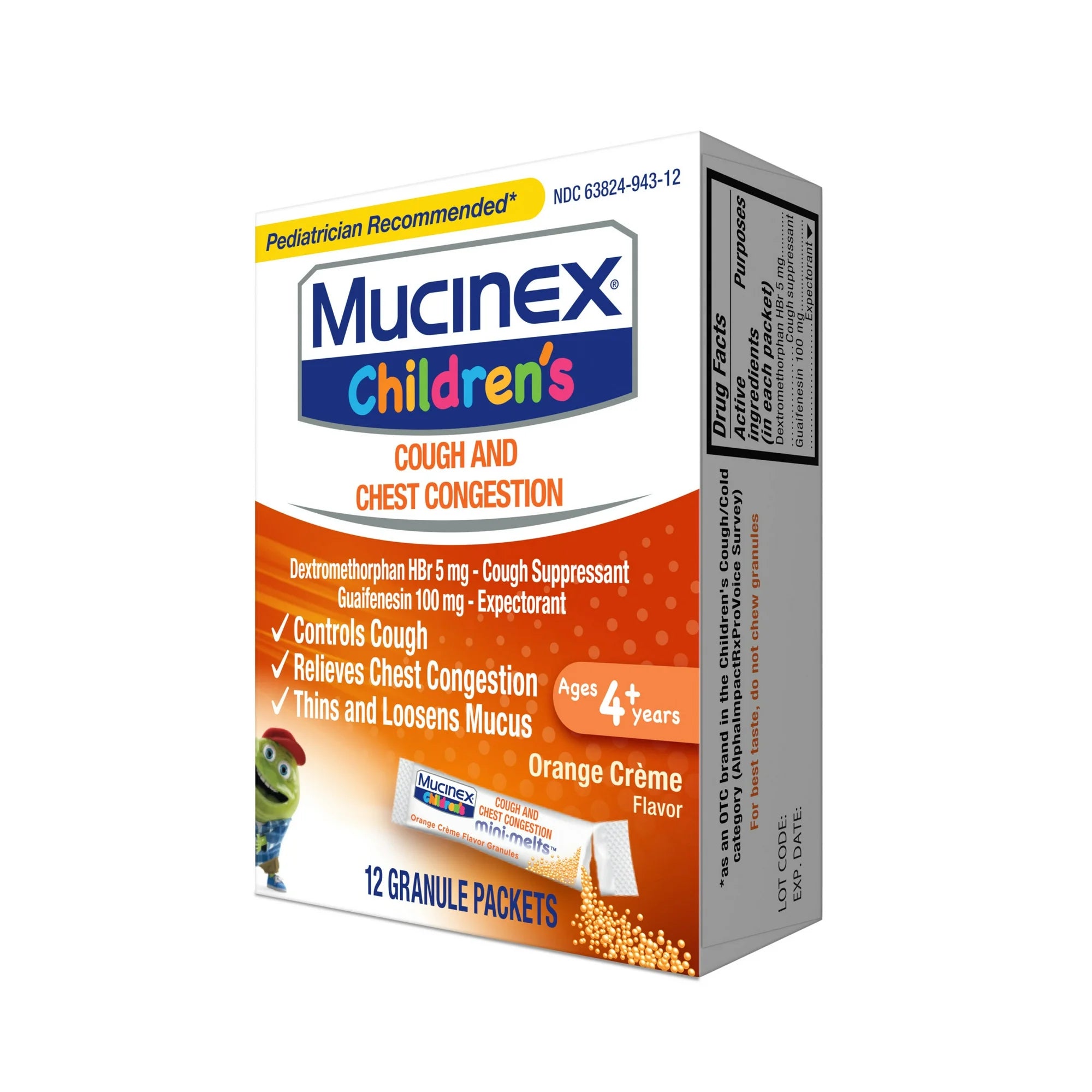 Mucinex Children's Cough Medicine & Expectorant for Kids, OTC Relief, Orange Crème Flavor Mini-Melts, 12 ct