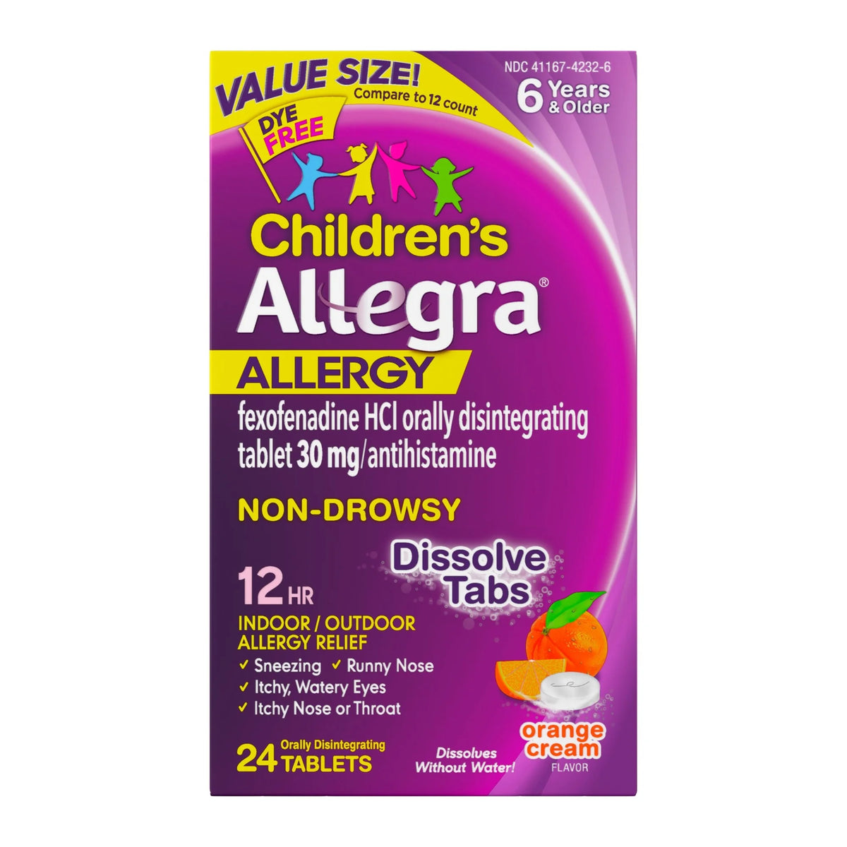 Allegra Children's 12-Hour Allergy Relief Orally Dissolving Tablets, Non-Drowsy Indoor and Outdoor Allergy Medicine, 30 mg Fexofenadine HCI Antihistamine For Kids, Orange Cream Flavor, 24-Count