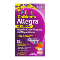 Allegra Children's 12-Hour Allergy Relief Orally Dissolving Tablets, Non-Drowsy Indoor and Outdoor Allergy Medicine, 30 mg Fexofenadine HCI Antihistamine For Kids, Orange Cream Flavor, 24-Count