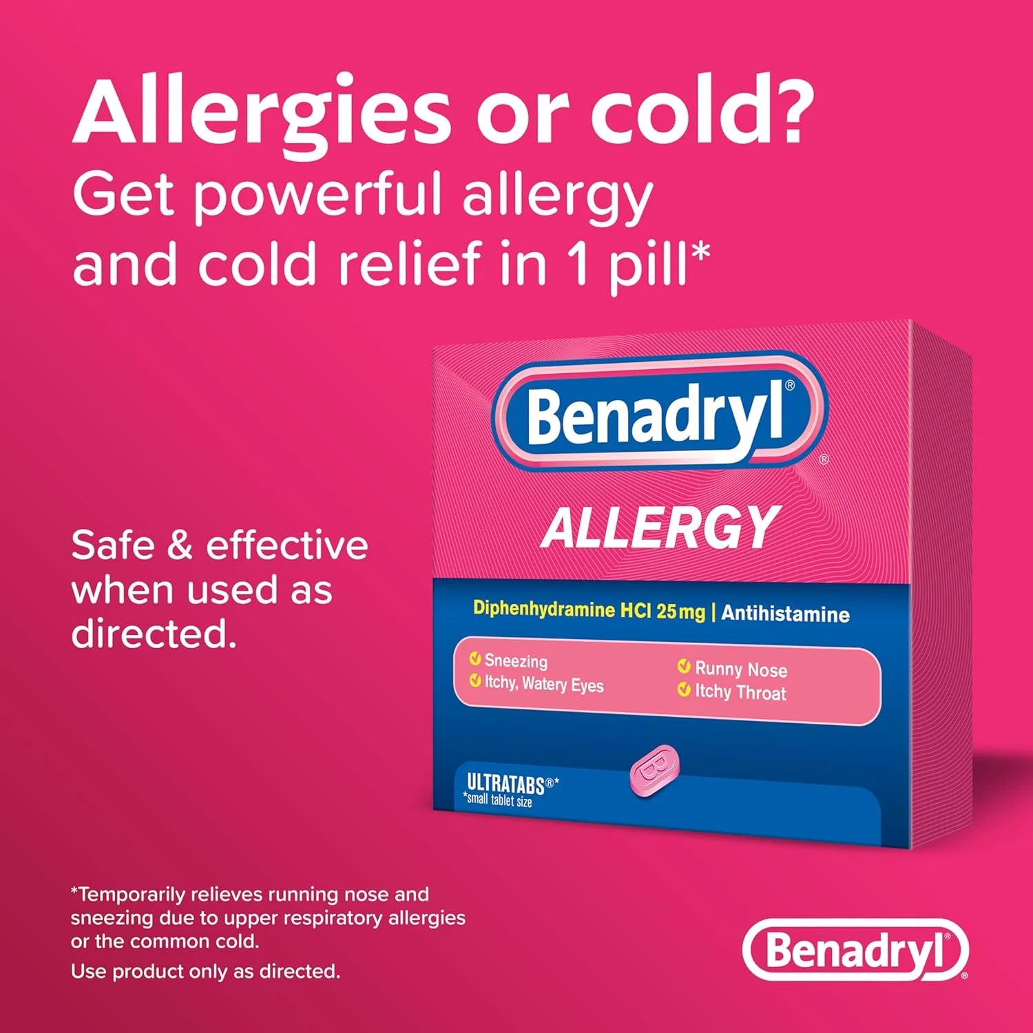 Benadryl Allergy Ultratabs Diphenhydramine HCl 25 mg Antihistamine Tablets