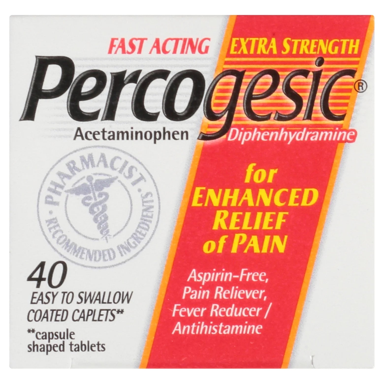Percogesic Extra Strength Pain Relief, Aspirin Free Fast Acting Relief, Acetaminophen and Diphenhydramine, 40 Tablets